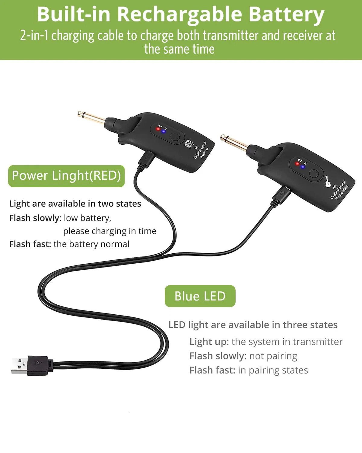 KeeKit 2.4GHz Wireless Guitar System, Rechargeable Audio Transmitter & Receiver with 6.35mm (1/4") Female to 3.5mm Male Adapter, Wireless Guitar Kit for Bass, Keyboard, Electric Organ - Image 6