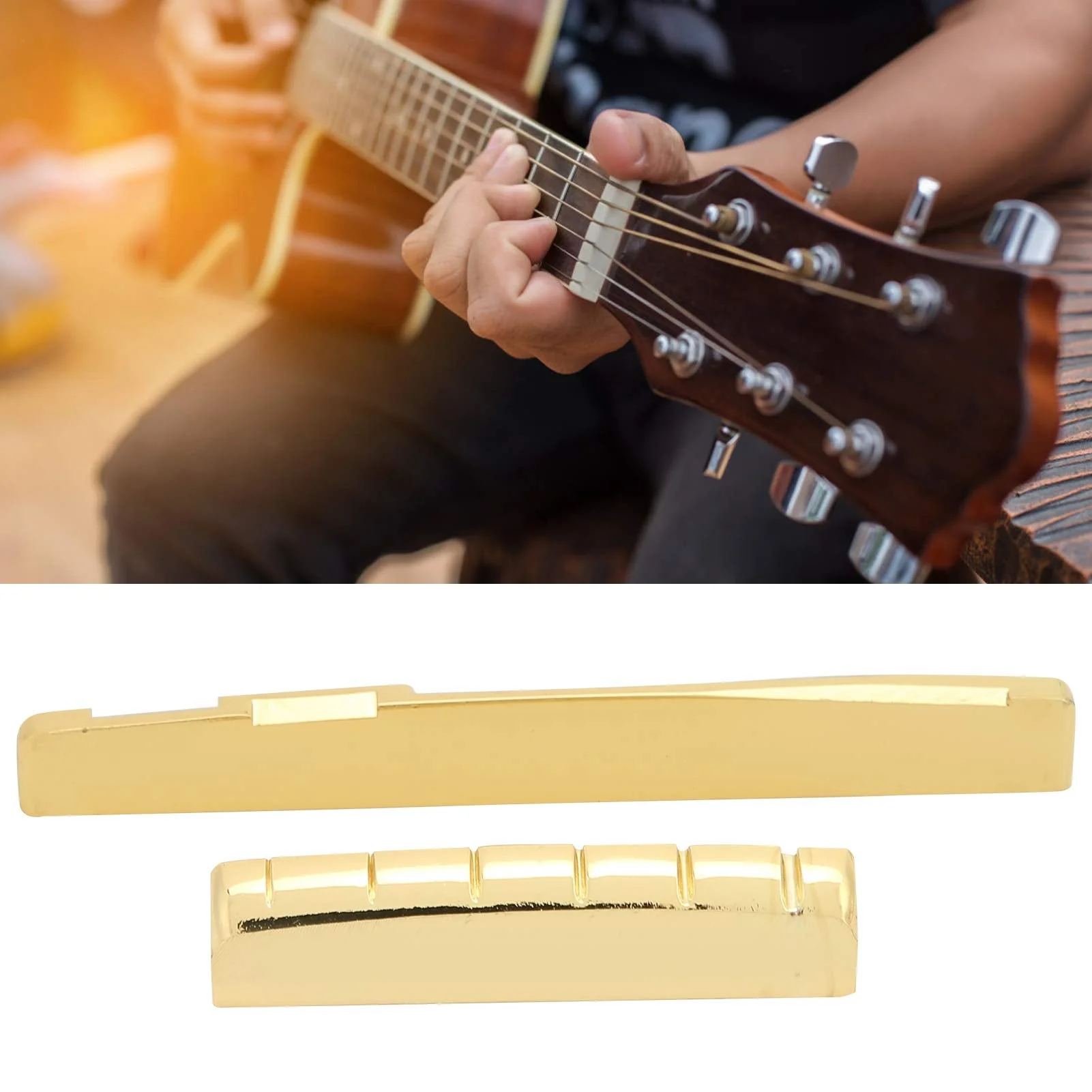 Keenso Guitar Nut and Saddle Set, Guitar Cattle Bone Saddle Metal Acoustic Brass Bone Bridge Saddle for 6 String Musical Instrument Accessories 76mm Saddle - Image 2