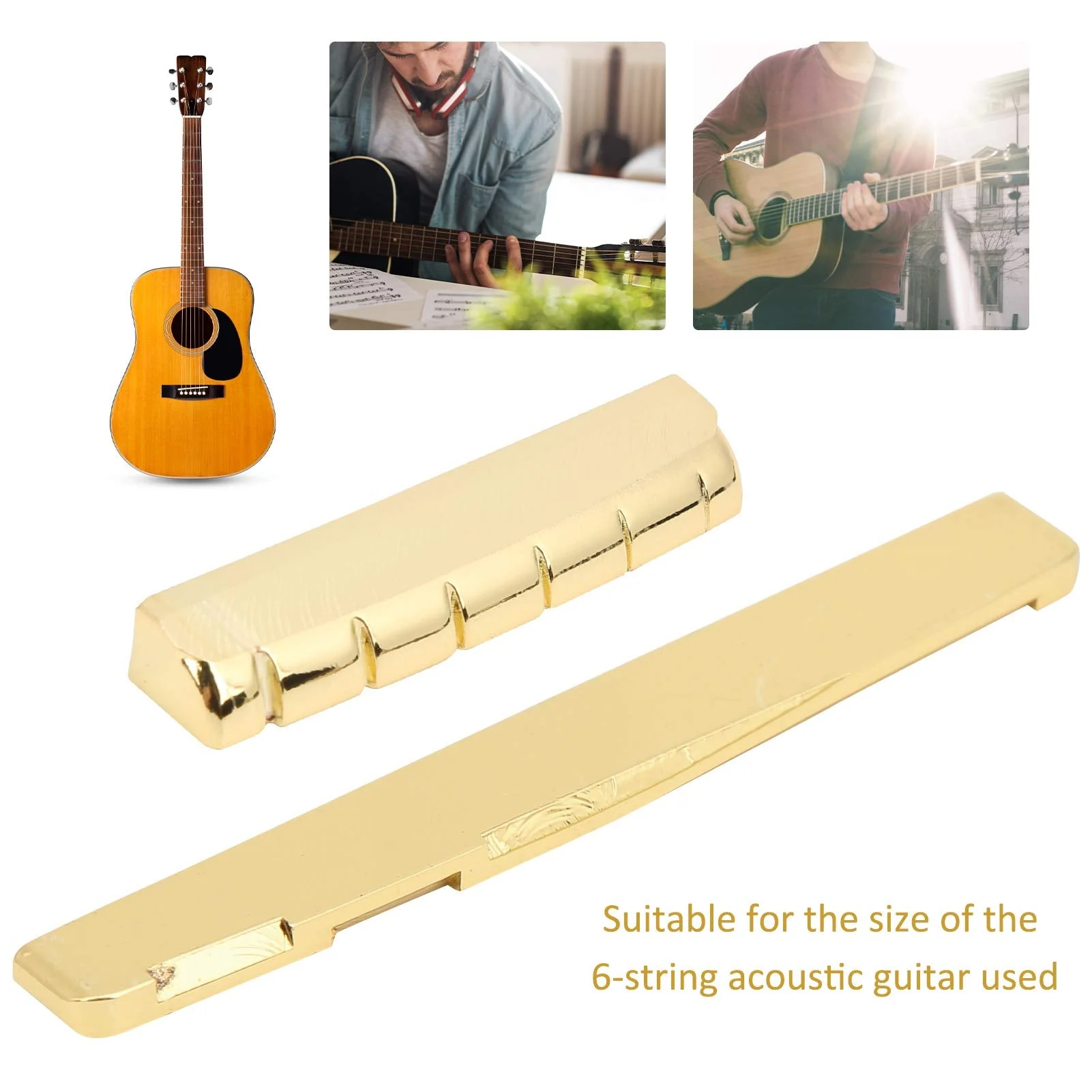 Keenso Guitar Nut and Saddle Set, Guitar Cattle Bone Saddle Metal Acoustic Brass Bone Bridge Saddle for 6 String Musical Instrument Accessories 76mm Saddle - Image 3