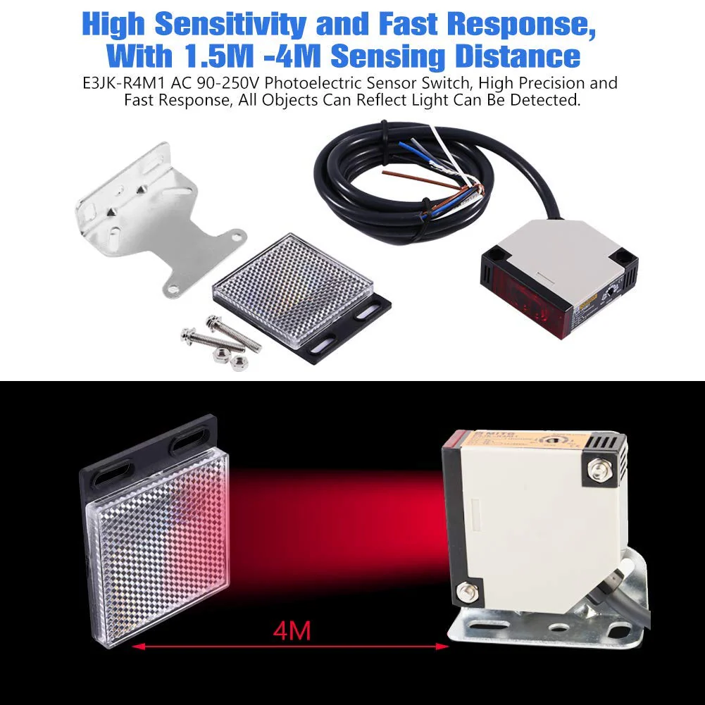 Keenso Photoelectric Switch, E3JK-R4M1 Reflection Photoelectric Sensor AC 90-250V 3A Photoelectric Sensor Reflection Photoelectric Switch (2 Set) - Image 4