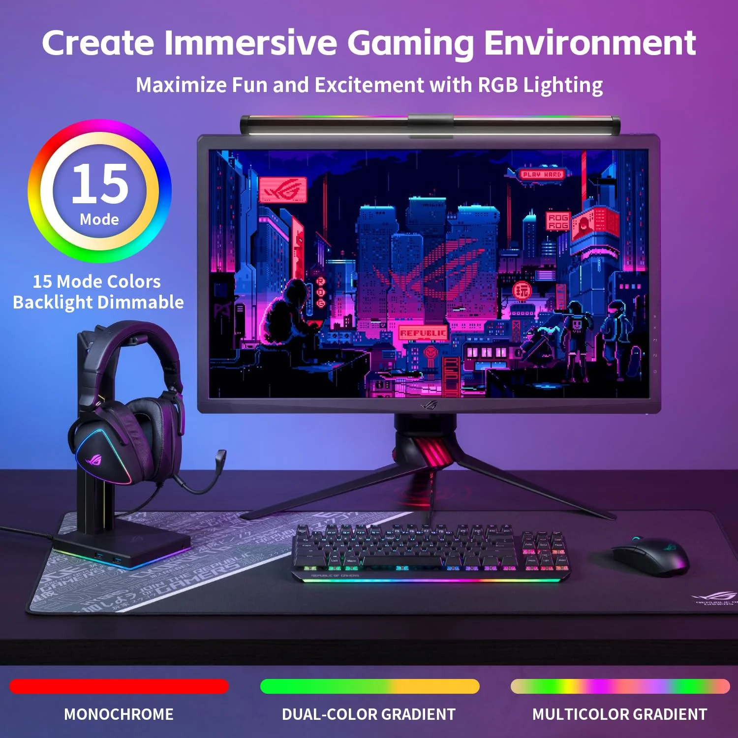 KEING USB Reading Screen Monitor Light, 15 Modes RGB Dimmable Backlight, Eye-Care Dual Light Computer Light Bar Gaming Office Desk Lamp, 5 Color Temperature Adjustable Brightness - Image 2