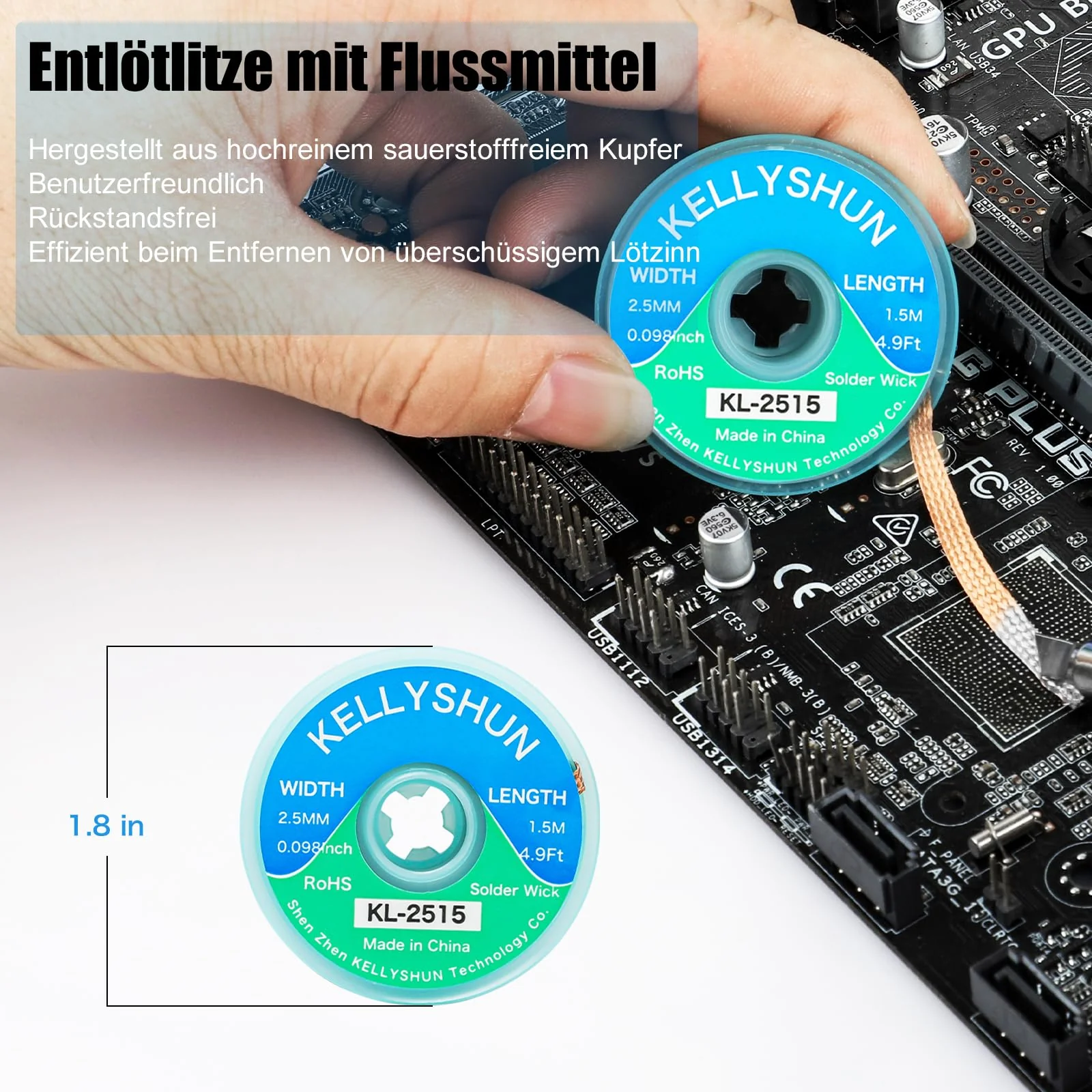 KELLYSHUN KL-558 Flux Soldering, 10 ml No-Clean Lead-Free Rosin Flux (1 Piece) 2.5 mm / 1.5 m Desoldering Braid (Pack of 3) Suitable for Mobile Phone Soldering, BGA, Household Appliance Repairs Flux (1 piece) desoldering braid (3 pieces) - Image 3