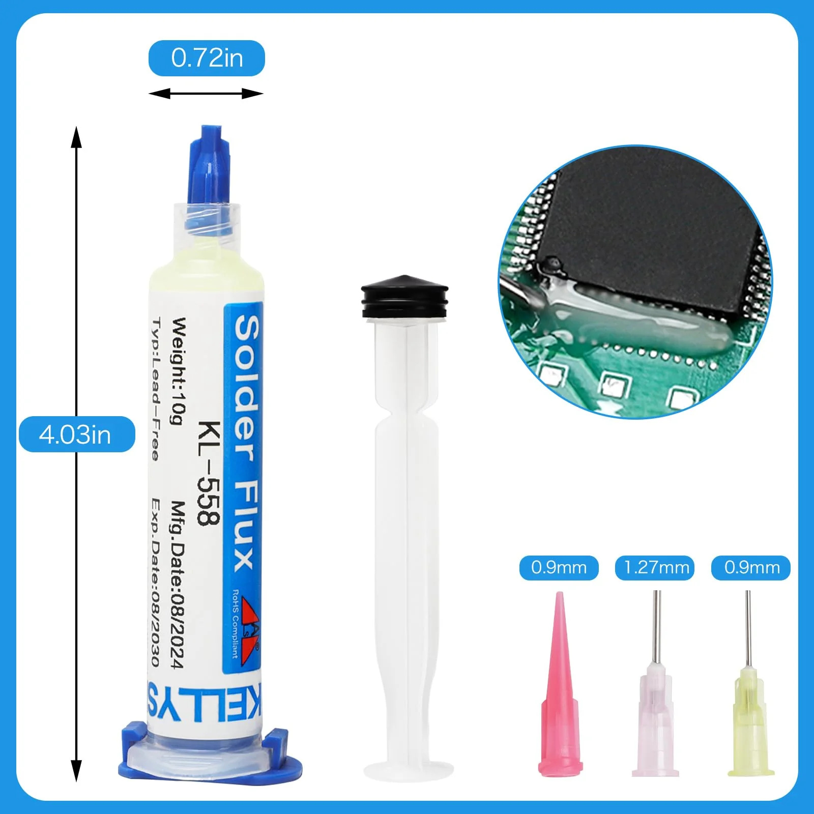 KELLYSHUN KL-558 Flux Soldering, 10 ml No-Clean Lead-Free Rosin Flux (1 Piece) 2.5 mm / 1.5 m Desoldering Braid (Pack of 3) Suitable for Mobile Phone Soldering, BGA, Household Appliance Repairs Flux (1 piece) desoldering braid (3 pieces) - Image 5