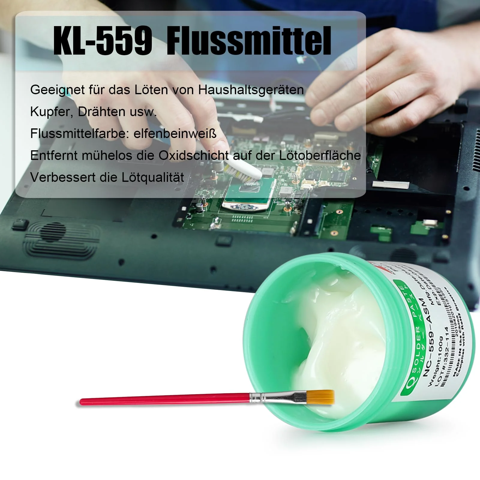 KELLYSHUN NC-559 Flux Soldering, 100 g, No-Clean Lead-Free Rosin Flux (Pack of 1), 2.5 mm / 1.5 m Desoldering Braid (1 Piece), Suitable for SMD, BGA, PCB, Household Appliance Repairs - Image 4