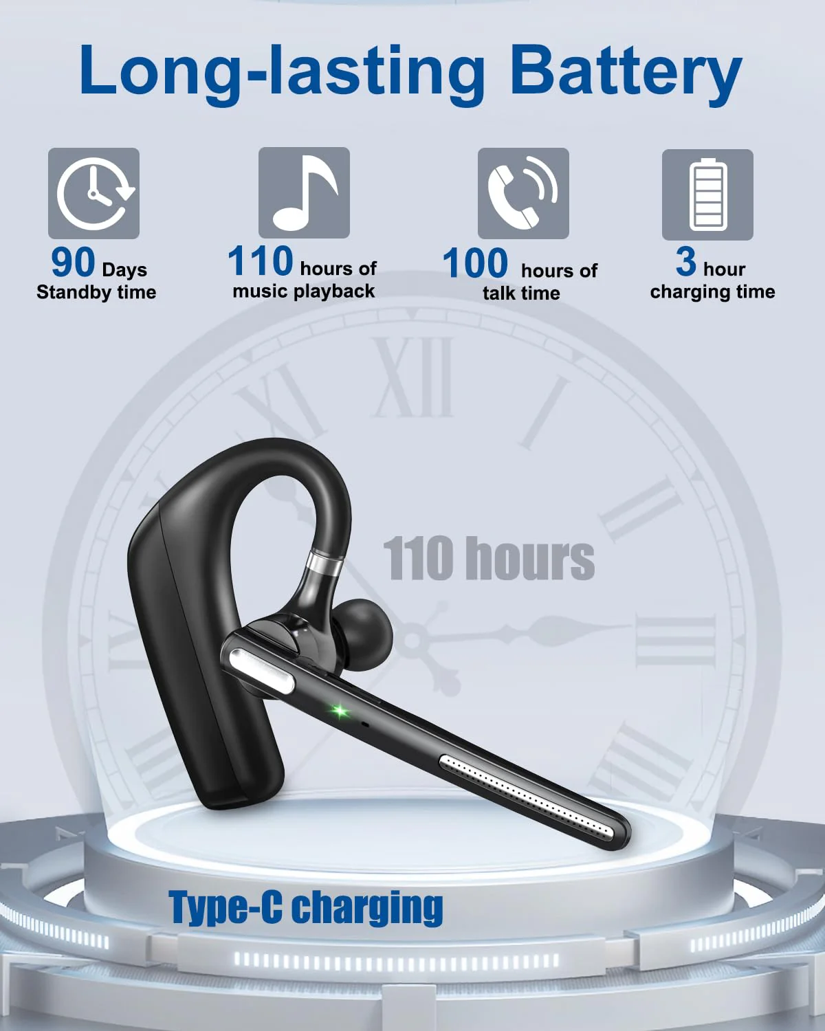 Kendir Bluetooth Headset V5.4, Wireless Bluetooth Earpiece with CVC8.0 Dual Mic Noise Cancelling 110 Hours Talktime for Cell Phone/iPhone and Android Headphones for Trucker/Driver/Business - Image 2