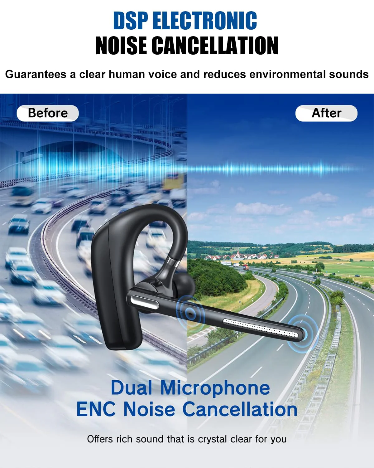 Kendir Bluetooth Headset V5.4, Wireless Bluetooth Earpiece with CVC8.0 Dual Mic Noise Cancelling 110 Hours Talktime for Cell Phone/iPhone and Android Headphones for Trucker/Driver/Business - Image 3