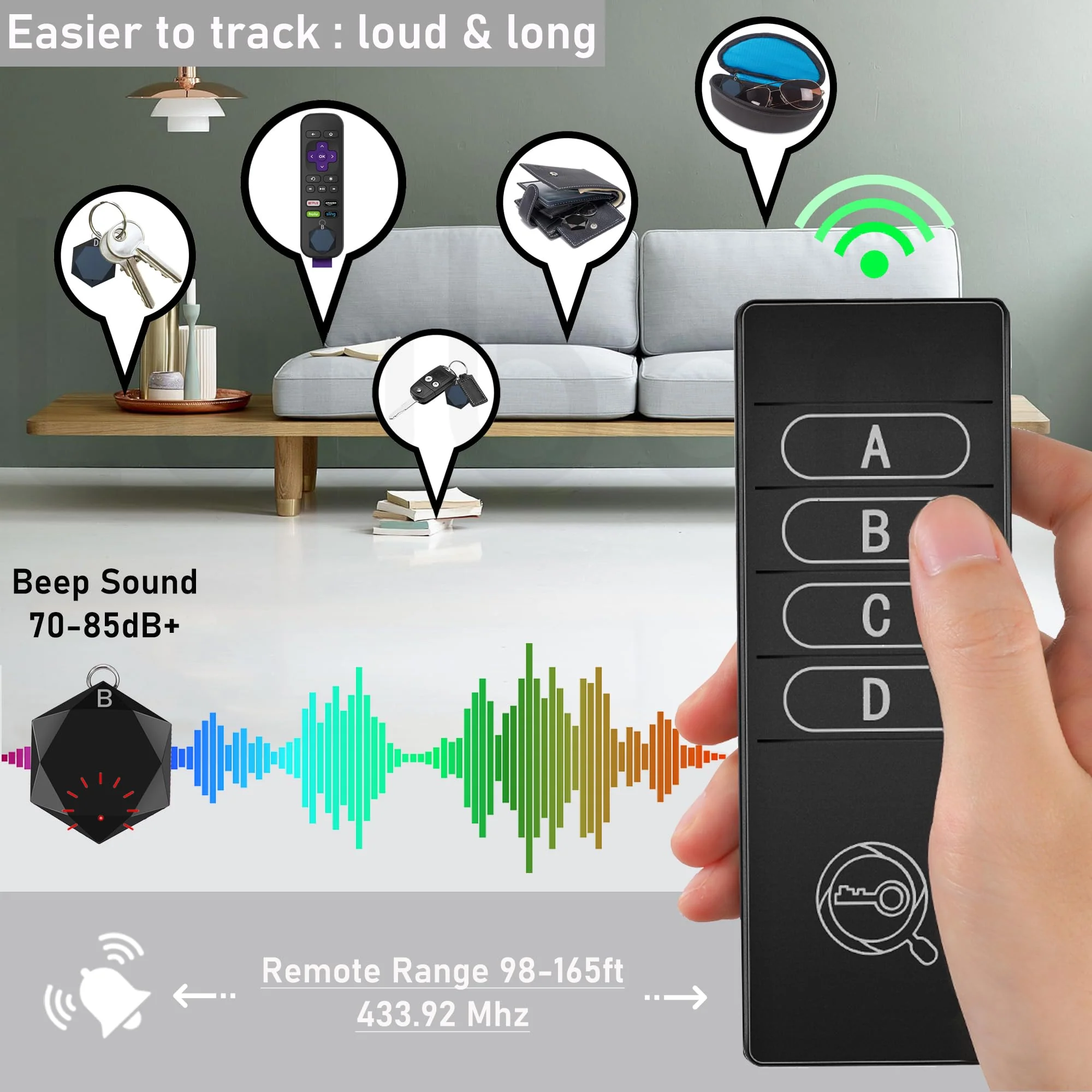 Key Finder 1 Transmitter 4 Receivers, 80dB+ Wireless Item Locator 164ft Range for Keys Remote Pet Collar Luggage, No App or Bluetooth, Easy for Elderly & Kids - Image 3