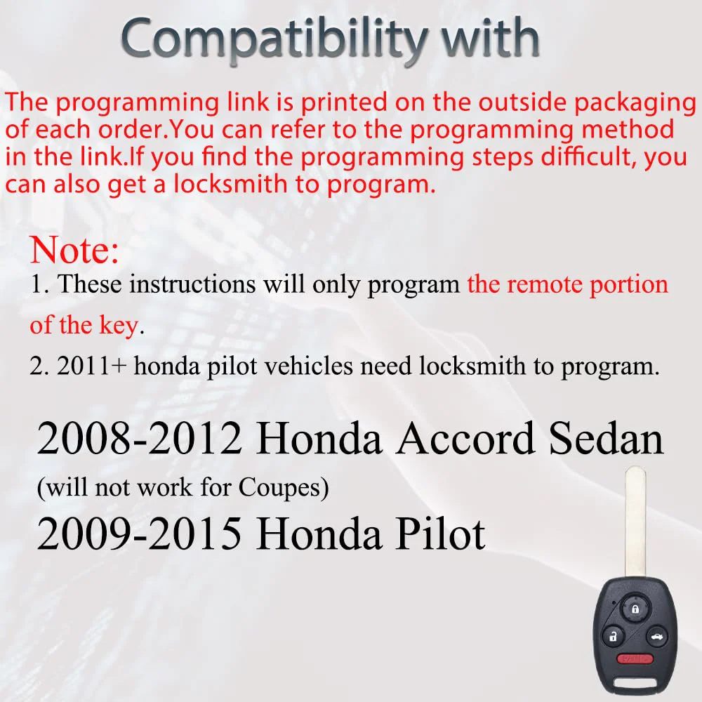 Key Fob Fits for Honda Accord 2008 2009 2010 2011 2012 (Sedan Only) / Pilot 2009- 2013 2014 2015 KR55WK49308 Remote Control Head Key Replacement 35118-TA0-A00 ID46 - Image 2