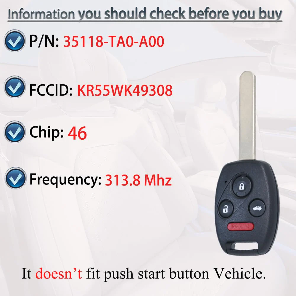 Key Fob Fits for Honda Accord 2008 2009 2010 2011 2012 (Sedan Only) / Pilot 2009- 2013 2014 2015 KR55WK49308 Remote Control Head Key Replacement 35118-TA0-A00 ID46 - Image 3