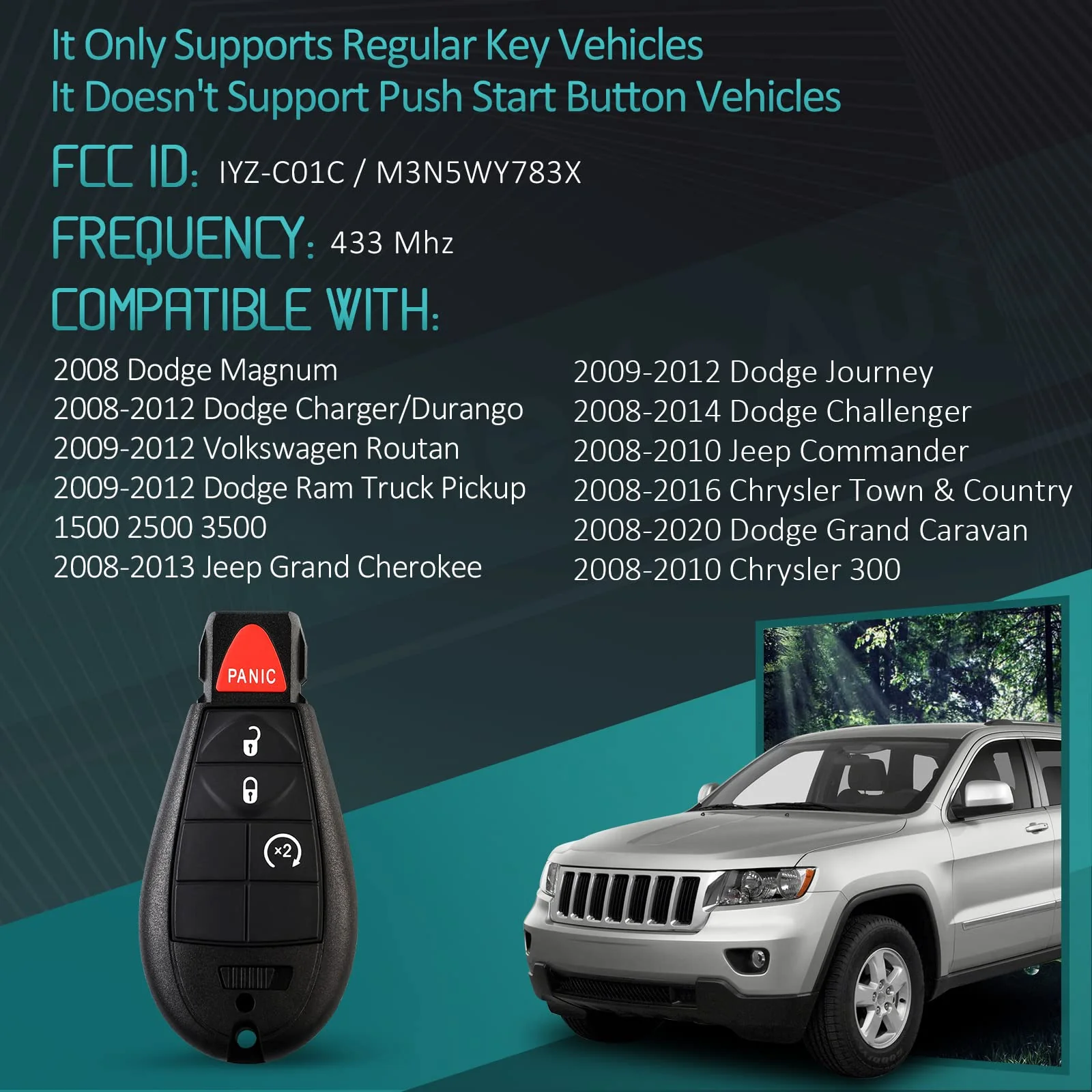 Key Fob for 09-12 Dodge Ram 1500 2500 3500, Fits Jeep Grand Cherokee Key fob Cover, Remote Key Fob Replacement for Durango Journey Charger Challenger. 433 Mhz FCC ID: IYZ-C01C/M3N5WY783X with chip - Image 2