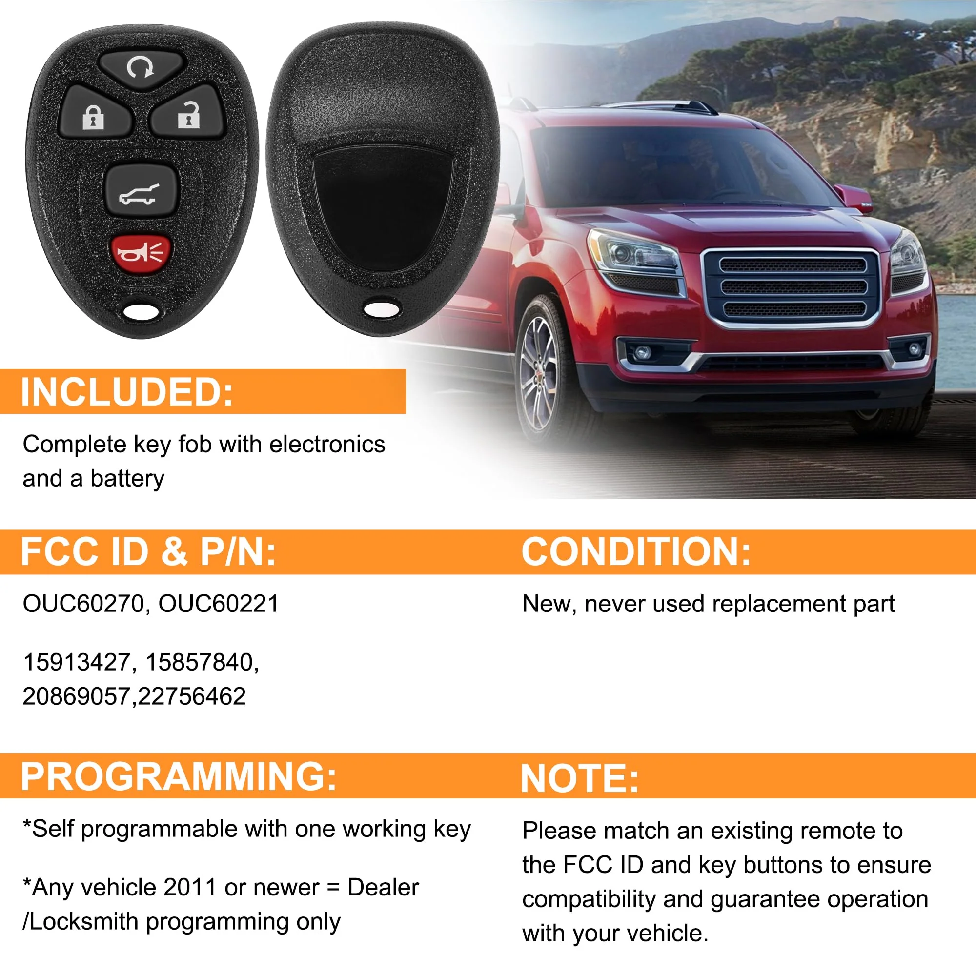 Key Fob, Keyless Entry Remote Start Control Replacement Fits for GMC Acadia 2007-2016 Yukon XL/Chevy Suburban Tahoe Traverse/Cadillac Escalade SRX/Buick Enclave FCC ID: OUC60270, OUC60221, 15913415 5-BTN - Image 3