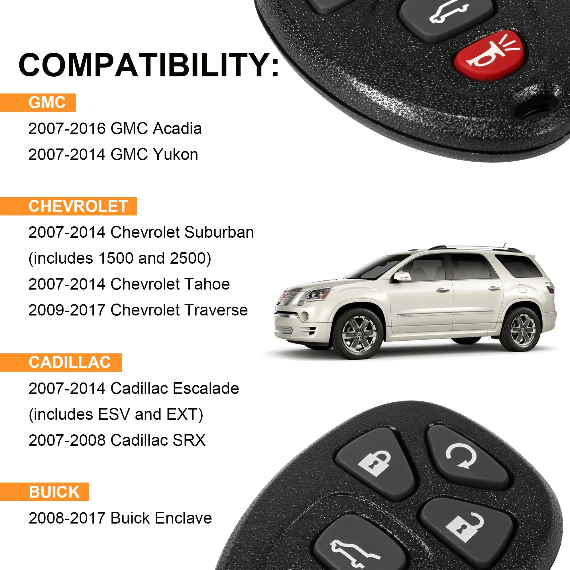 Key Fob, Keyless Entry Remote Start Control Replacement Fits for GMC Acadia 2007-2016 Yukon XL/Chevy Suburban Tahoe Traverse/Cadillac Escalade SRX/Buick Enclave FCC ID: OUC60270, OUC60221, 15913415 5-BTN - Image 4