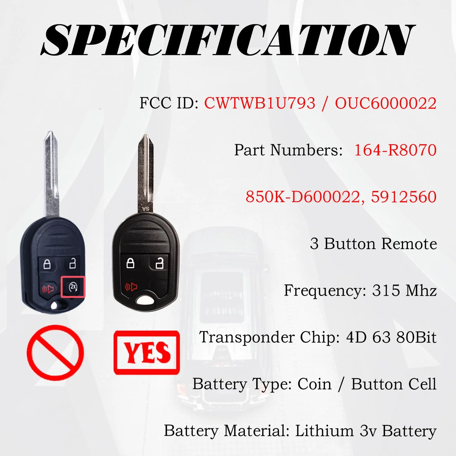 Key Fob Replacement Fits for CWTWB1U793 Ford F-150 2004-2014 F-250 F-350 2004-2016 F-450 Flex 2009-2017 Explorer 2001-2015 Escape Ranger 2001-2011 Fusion Econoline Mercury Keyless Entry Remote Control - Image 5
