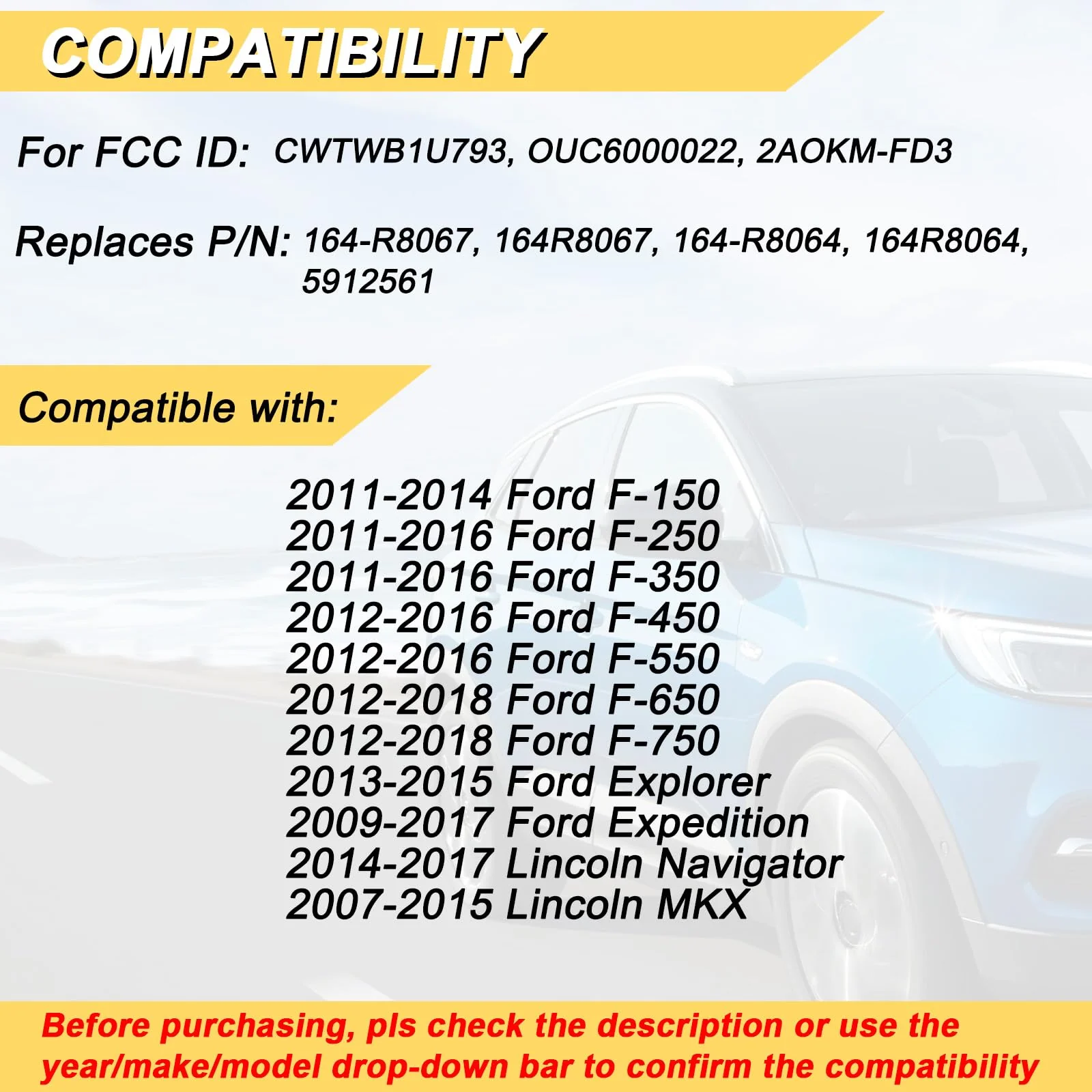 Key Fob Replacement for 2011-2014 Ford F150/ 11-16 F250 F350/ 09-17 Expedition/ 13-15 Explorer/ 07-15 Lincoln MKX/ 14-17 Navigator Car Keyless Entry Remote Start Control,CWTWB1U793, 4 Btn, 2Pcs - Image 2