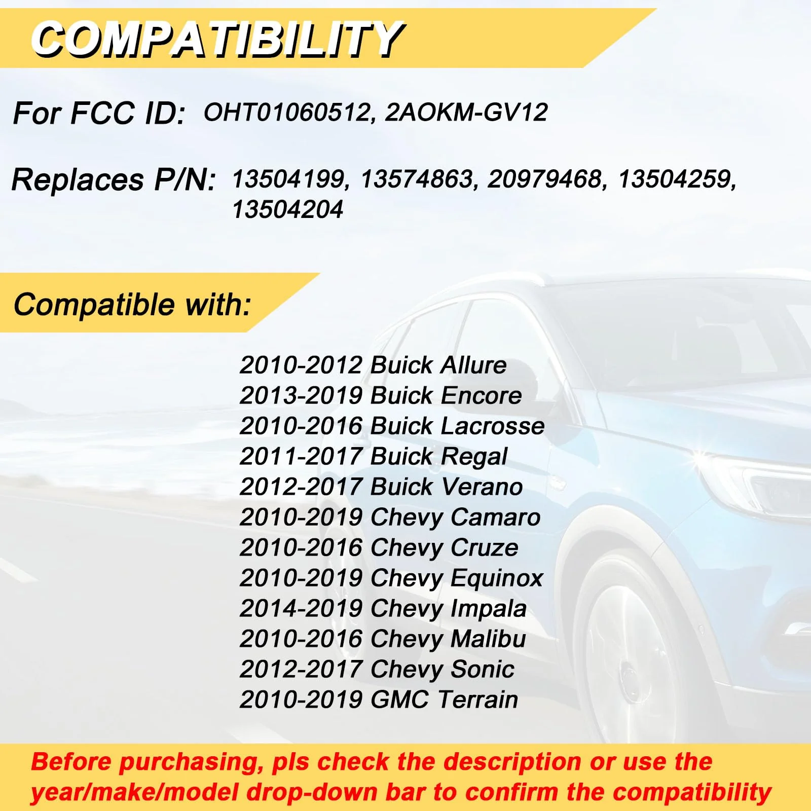 Key Fob Replacement for 2014-2019 Buick Encore/ 10-12 Allure/ 10-16 Lacrosse/ 11-17 Regal/ 12-17 Verano/ 10-19 Chevy Equinox Camaro/ 11-16 Cruze Malibu/ 14-19 Impala/ 12-17 Sonic Keyless,2Pcs - Image 2