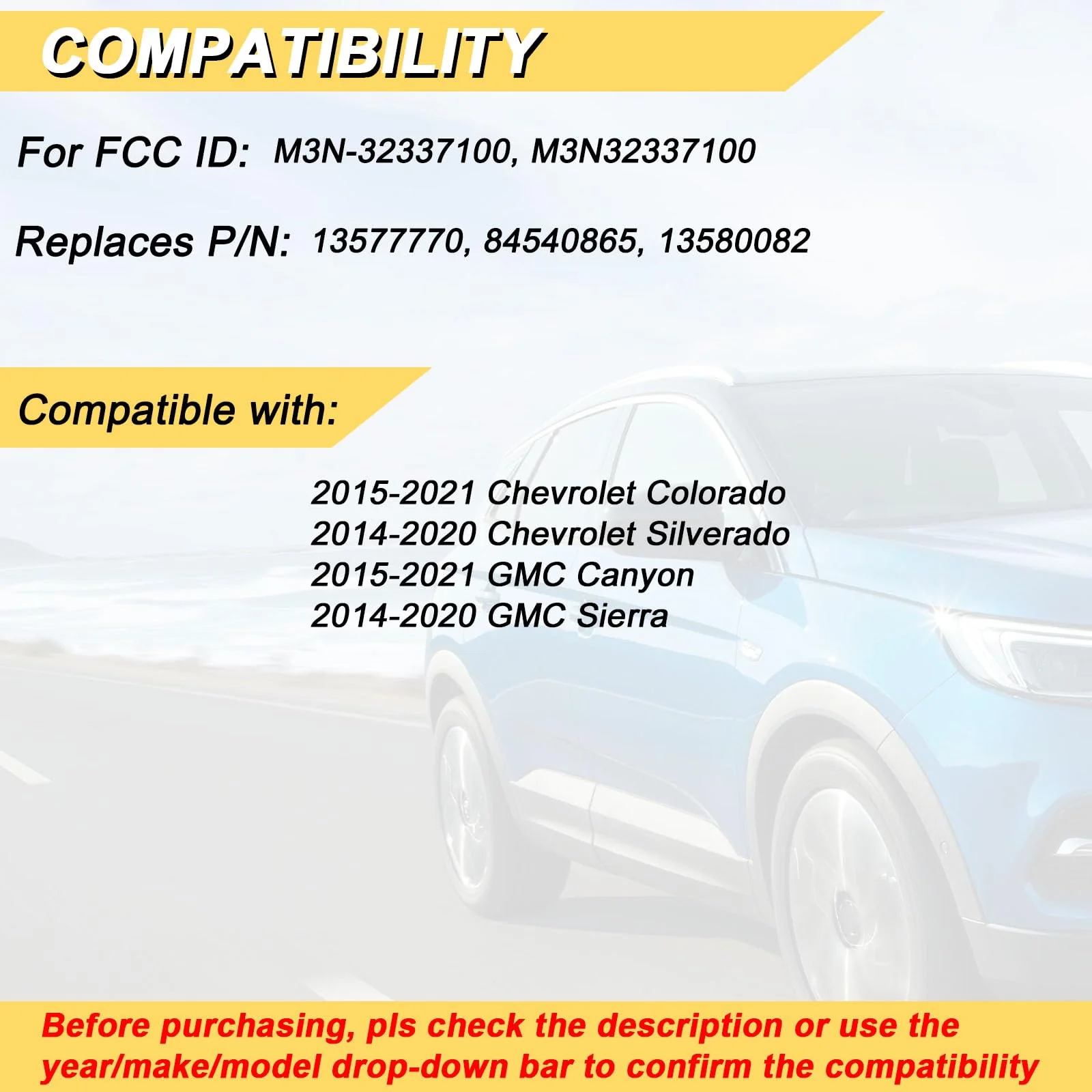 Key Fob Replacement for 2014-2020 Chevy Silverado 1500 2500 3500/15-21 Colorado/ 2015-2021 GMC Canyon/ 14-20 Sierra Car Keyless Entry Remote Control, M3N-32337100, 4 btn, 2Pcs - Image 2
