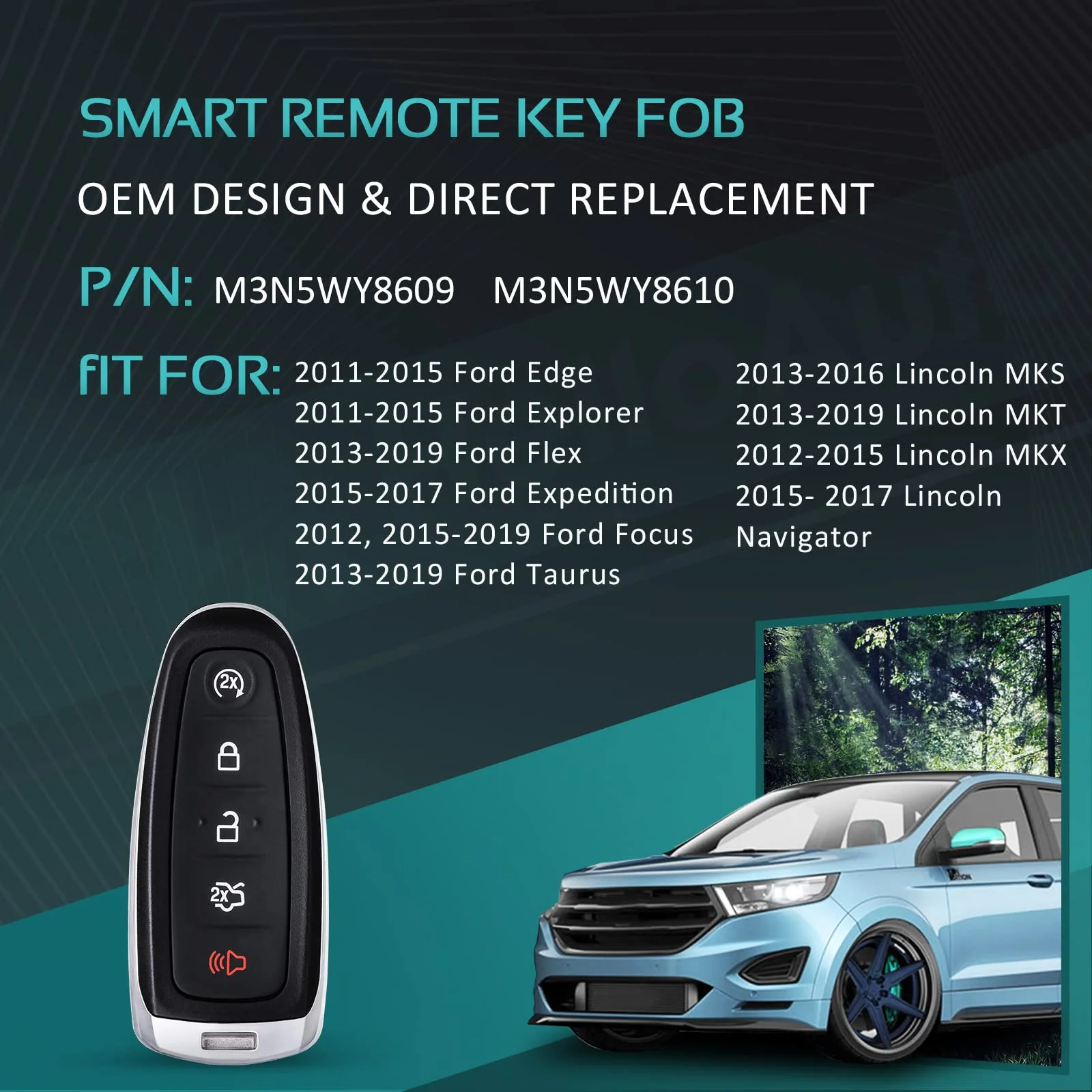 Key Fob Replacement for Ford Explorer Edge 2011-2015 Flex Taurus 2013-2019 Expedition Focus Lincoln MKS MKT MKX Navigator Smart Remote Keyless Entry Programming Key FCC ID:M3N5WY8609 M3N5WY8609 with chip - Image 2