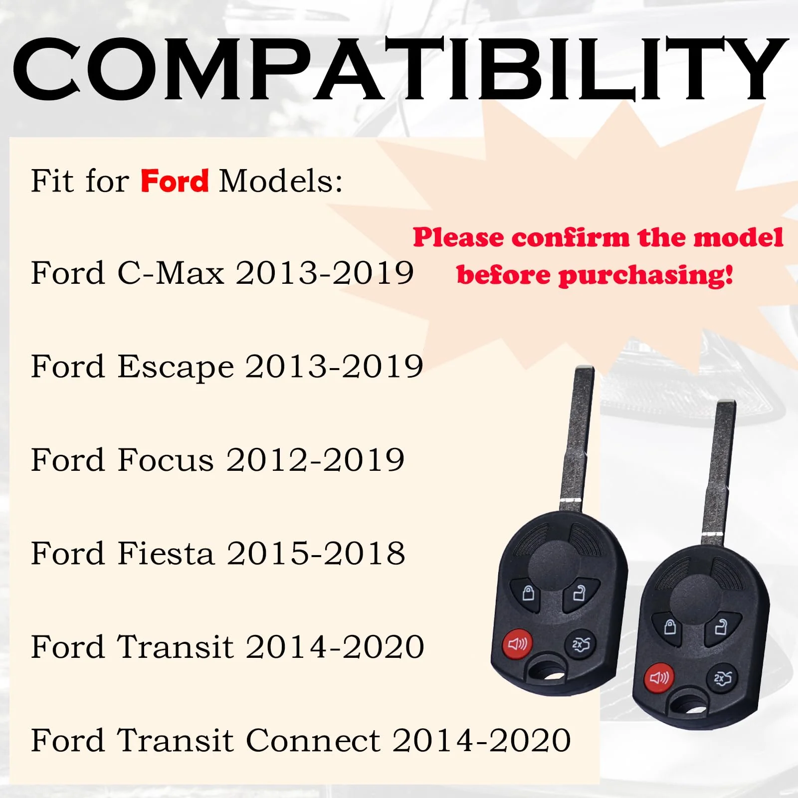 Keyless Entry Remote Control Head Key Fob Replacement Fits for Ford Focus 2012 2013 2014 2015 2016 2017 2018 2019 2020 C-MAX Escape Fiesta 2014-2020 Transit Connect 164-R8046 5921709 OUCD6000022 - Image 2