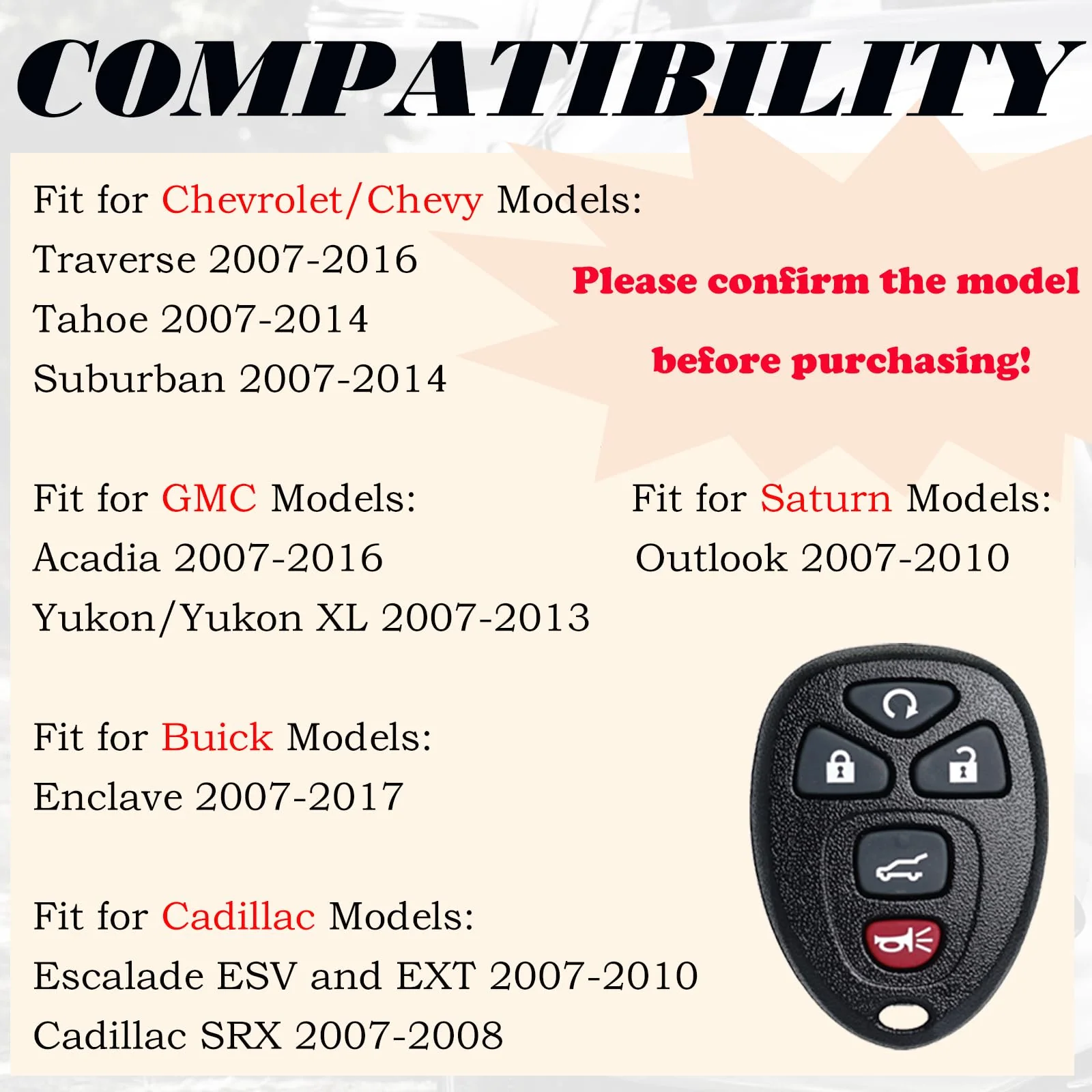 Keyless Entry Remote Control Key Fob Replacement Fits for Chevy Traverse 2007-2016 Tahoe Suburban GMC Acadia Yukon XL Buick Enclave Cadillac Escalade Saturn Outlook OUC60270 OUC60221 15913415 - Image 2