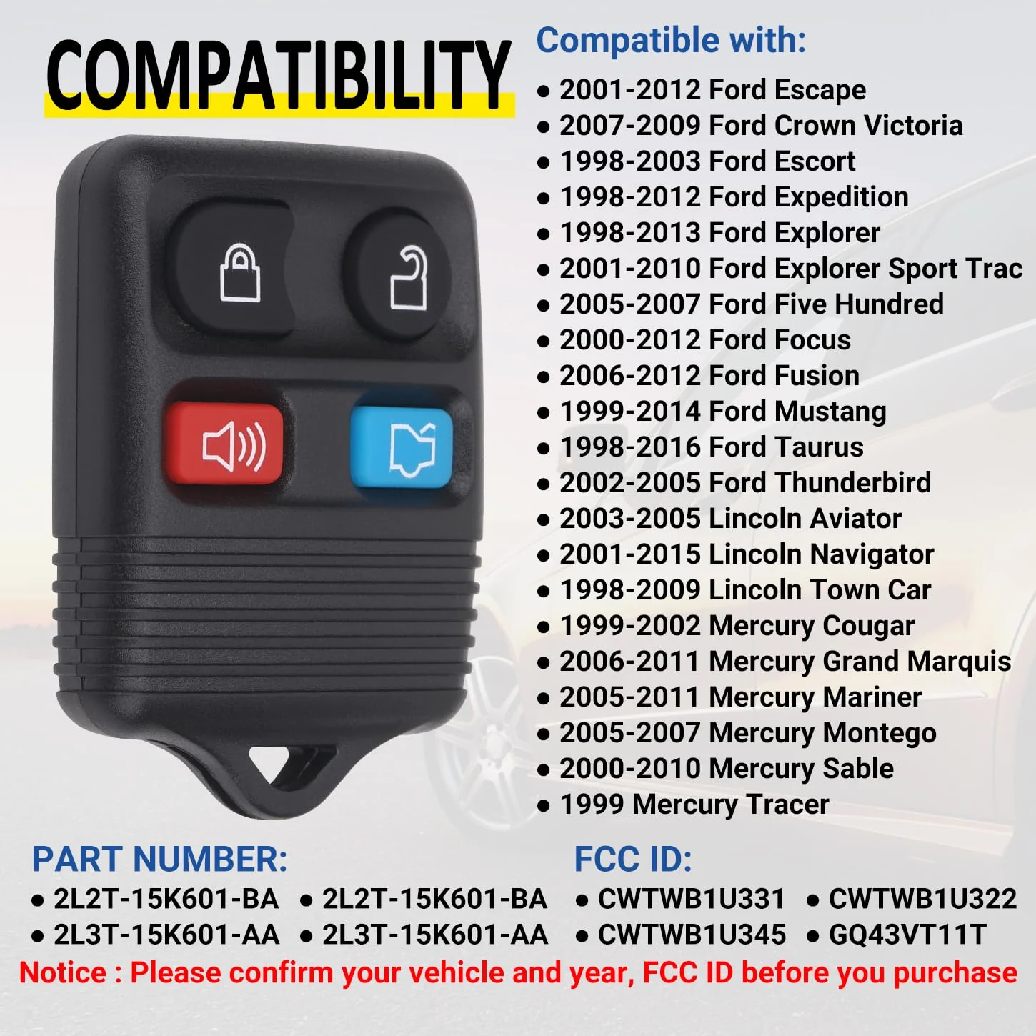 Keyless Entry Remote Key Fob Compatible with Ford Escape Explorer Expedition Focus Fusion Mustang Taurus, Lincoln, Mercury, Mazda, Replacement for CWTWB1U345, 4 Button (Pack of 2) - Image 2