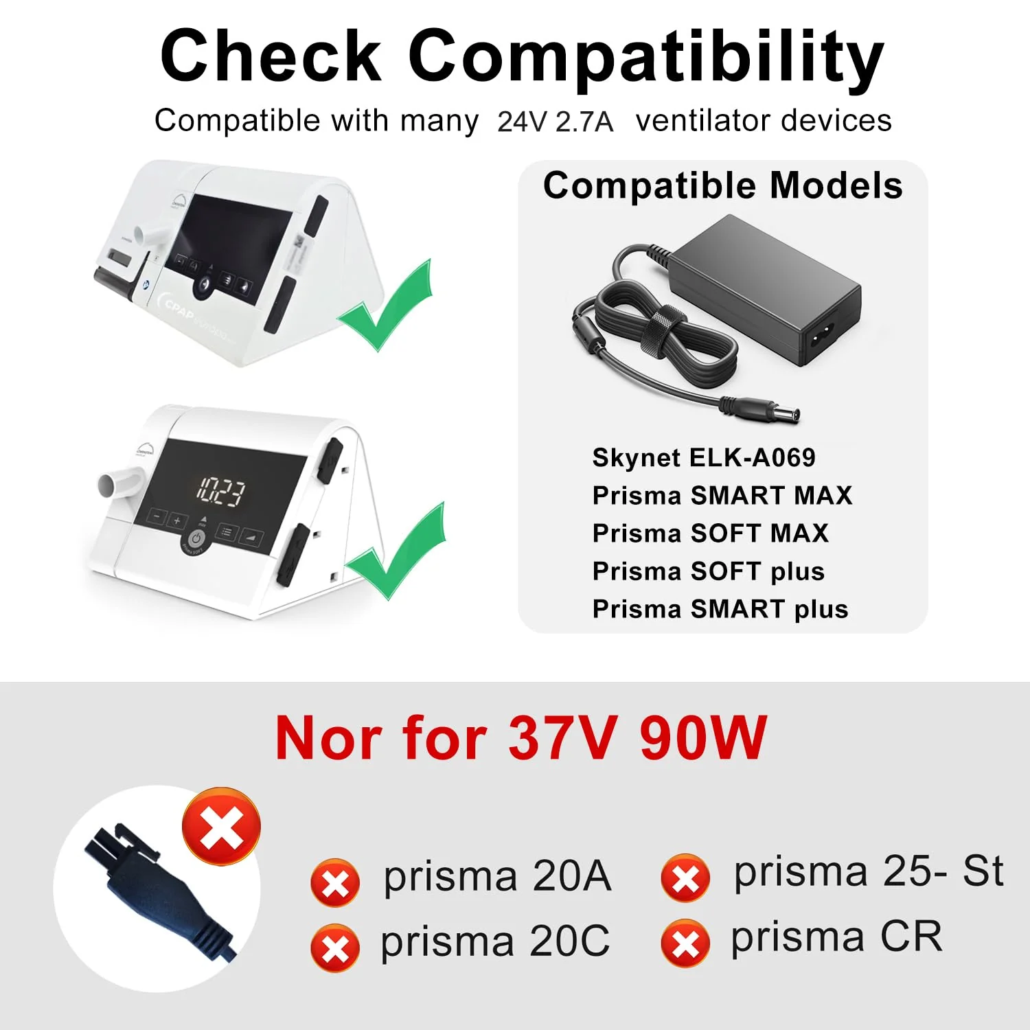 KFD Power Supply 24 V 2.7 A Charger for Löwenstein Prism Smart Plus/Max Prism Soft Plus/Max CPAP Sleep Apnea Device Weinmann WM 24480 Skynet ELK-A069 60 W Medical Adapter (Does Not Fit with 37 V 90 W - Image 2