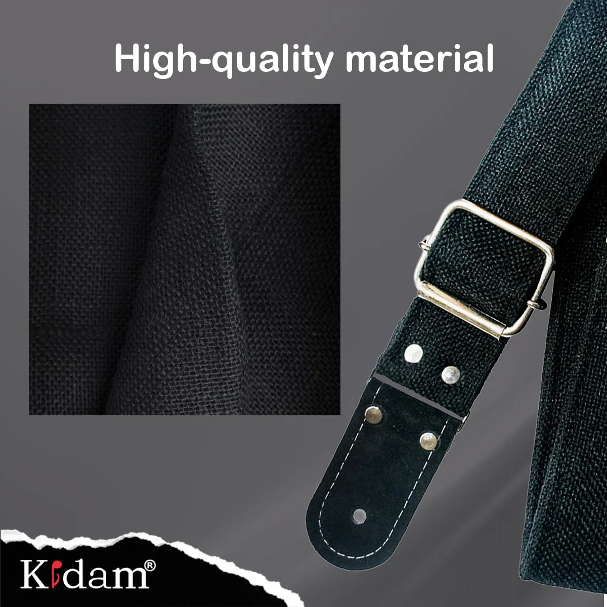 Kidam Jute Guitar Strap, Natural Fiber Adjustable Strap with Leather Ends for Acoustic, Bass & Electric Guitars Black - Image 5