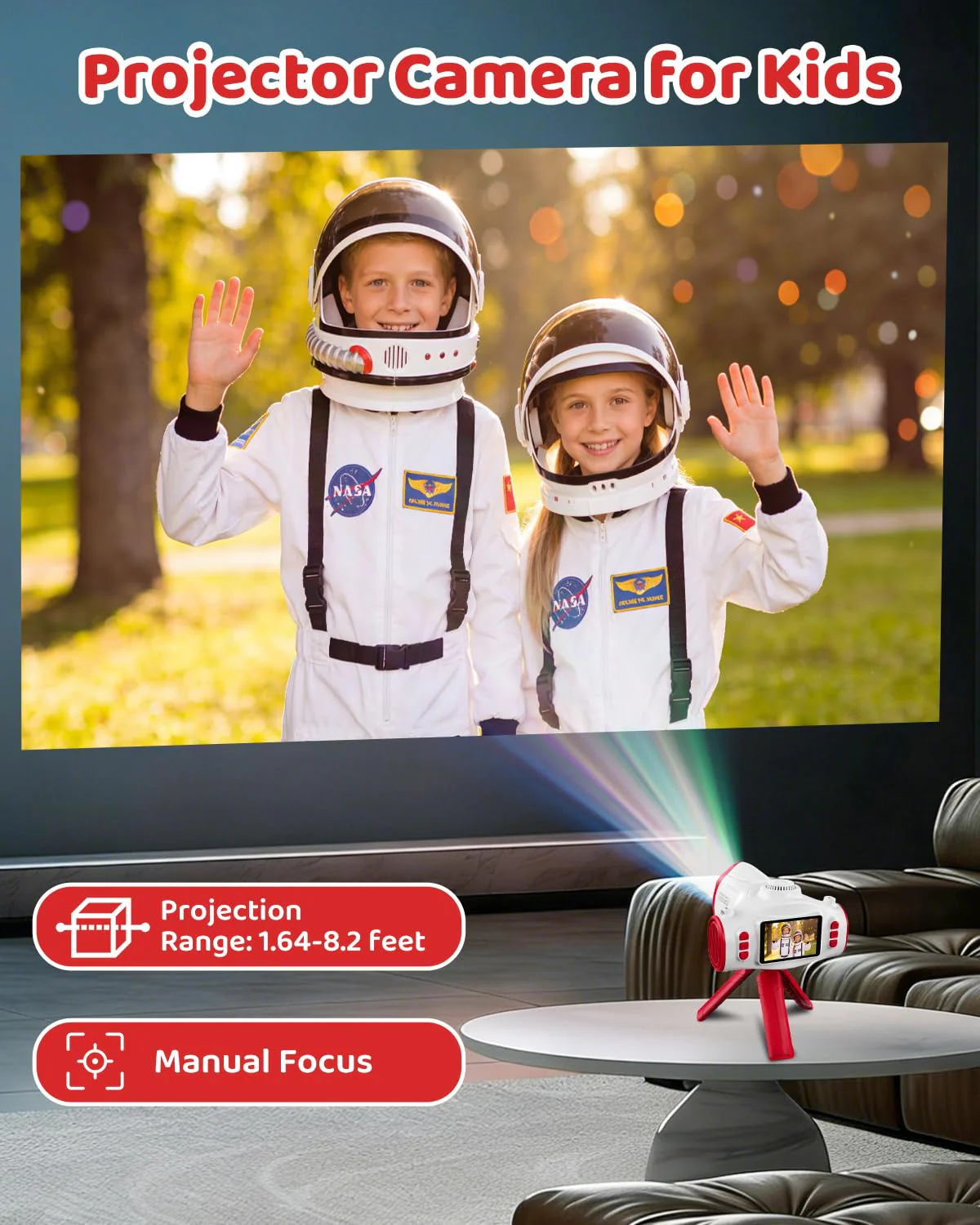 Kids Camera with Projector, 1080P Digital Video Camcorder, 48MP Photo Camera, Portable Toddler Camera Christmas Birthday Travel Gift Toy for Boys Girls Age 3 4 5 6 7 8 9 10 11 12, White - Image 2