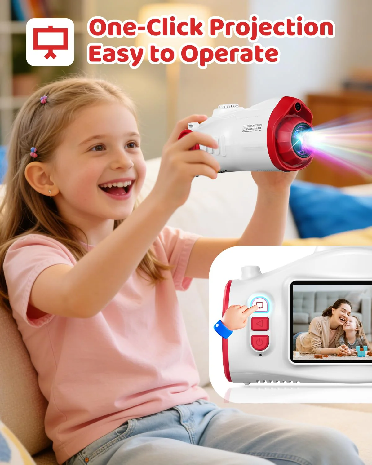 Kids Camera with Projector, 1080P Digital Video Camcorder, 48MP Photo Camera, Portable Toddler Camera Christmas Birthday Travel Gift Toy for Boys Girls Age 3 4 5 6 7 8 9 10 11 12, White - Image 3