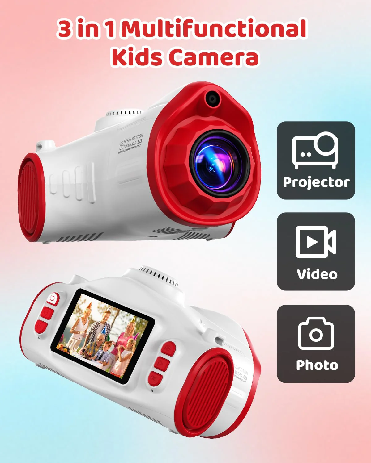 Kids Camera with Projector, 1080P Digital Video Camcorder, 48MP Photo Camera, Portable Toddler Camera Christmas Birthday Travel Gift Toy for Boys Girls Age 3 4 5 6 7 8 9 10 11 12, White - Image 4