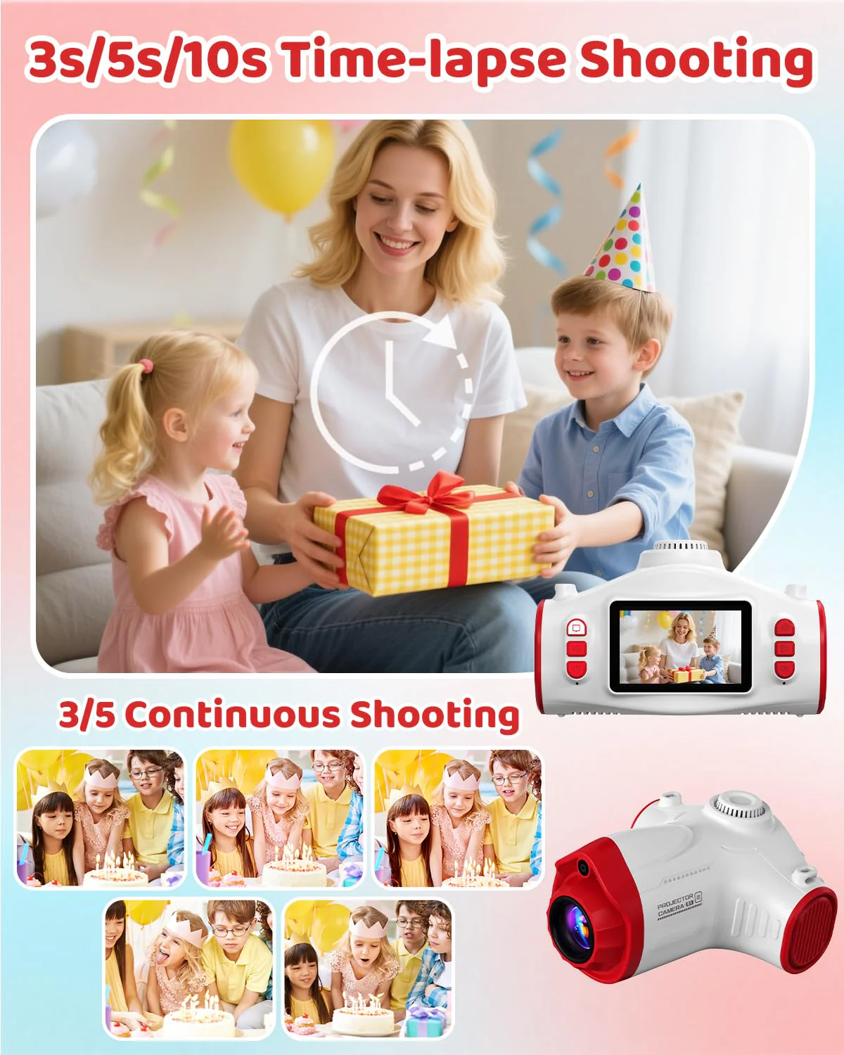 Kids Camera with Projector, 1080P Digital Video Camcorder, 48MP Photo Camera, Portable Toddler Camera Christmas Birthday Travel Gift Toy for Boys Girls Age 3 4 5 6 7 8 9 10 11 12, White - Image 7