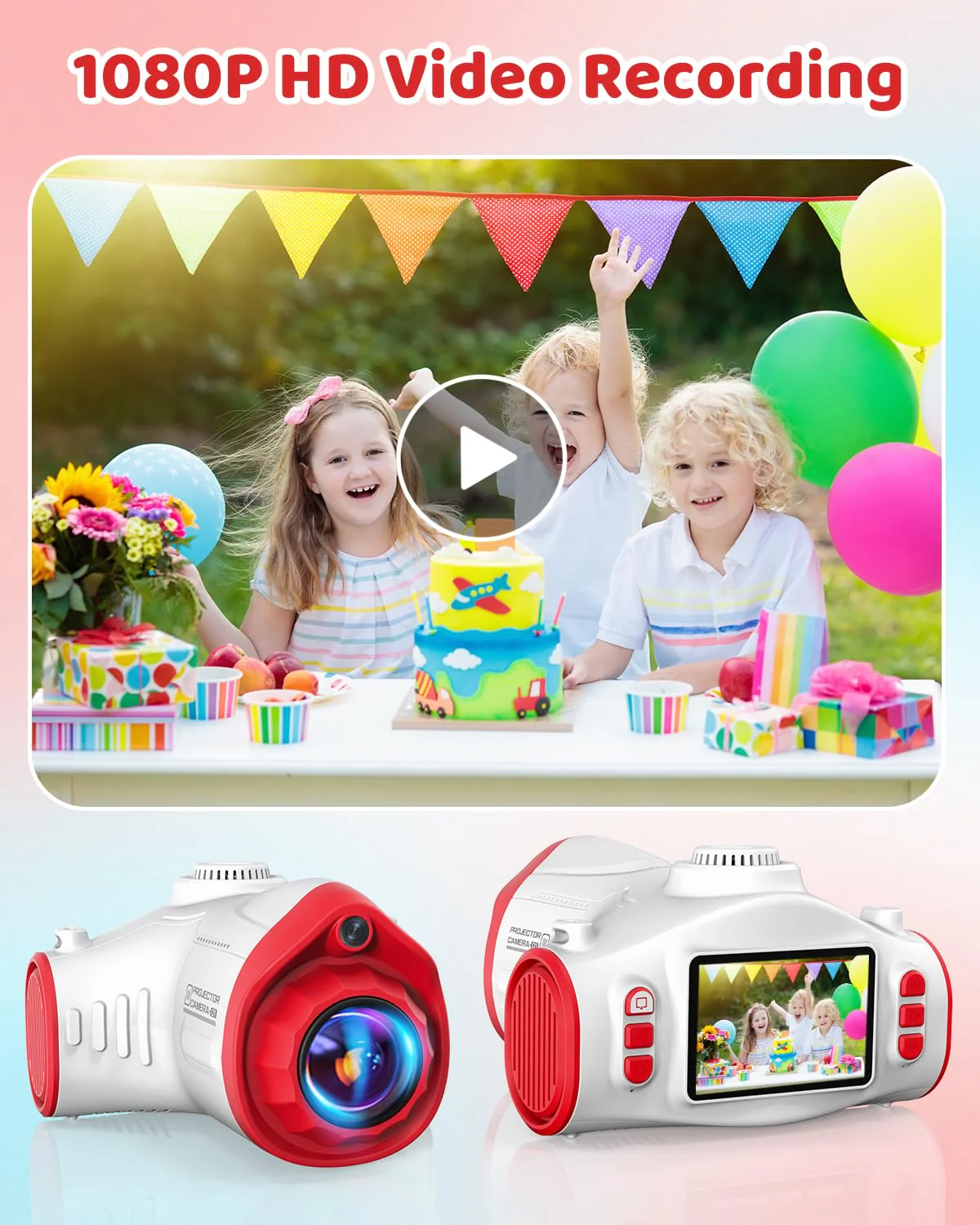 Kids Camera with Projector, 1080P Digital Video Camcorder, 48MP Photo Camera, Portable Toddler Camera Christmas Birthday Travel Gift Toy for Boys Girls Age 3 4 5 6 7 8 9 10 11 12, White - Image 8