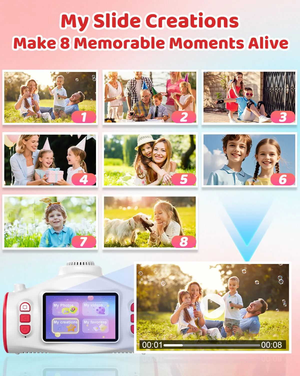 Kids Camera with Projector, 1080P Digital Video Camcorder, 48MP Photo Camera, Portable Toddler Camera Christmas Birthday Travel Gift Toy for Boys Girls Age 3 4 5 6 7 8 9 10 11 12, White - Image 9