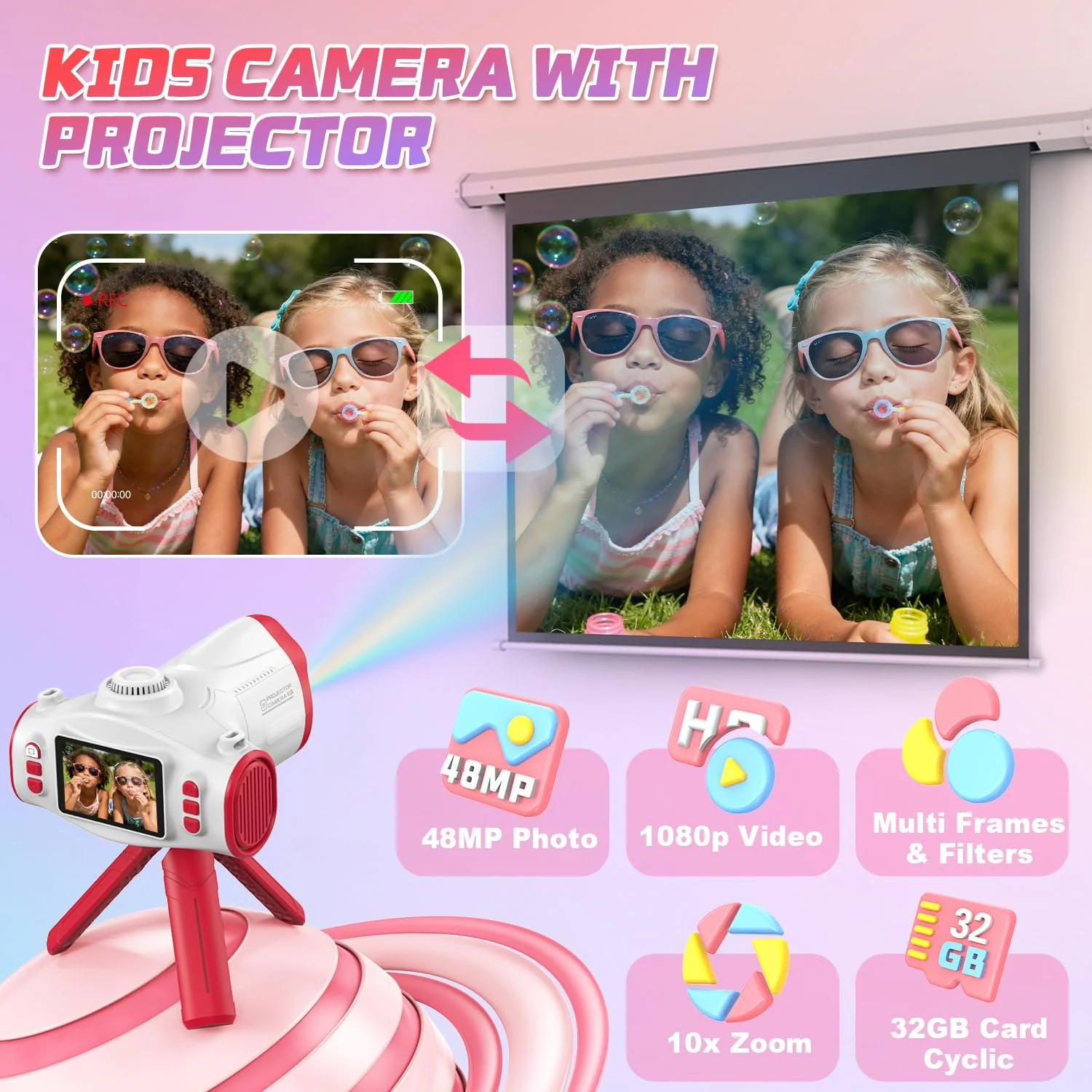 Kids Camera with Projector, Big Screen 1080P Photography Kids Recorder with Tripod, Lanyard, 32GB Kids Video Vlogging Camera for Age 3-12, Christmas Birthday Gifts Toys for Boys Girls, White - Image 2