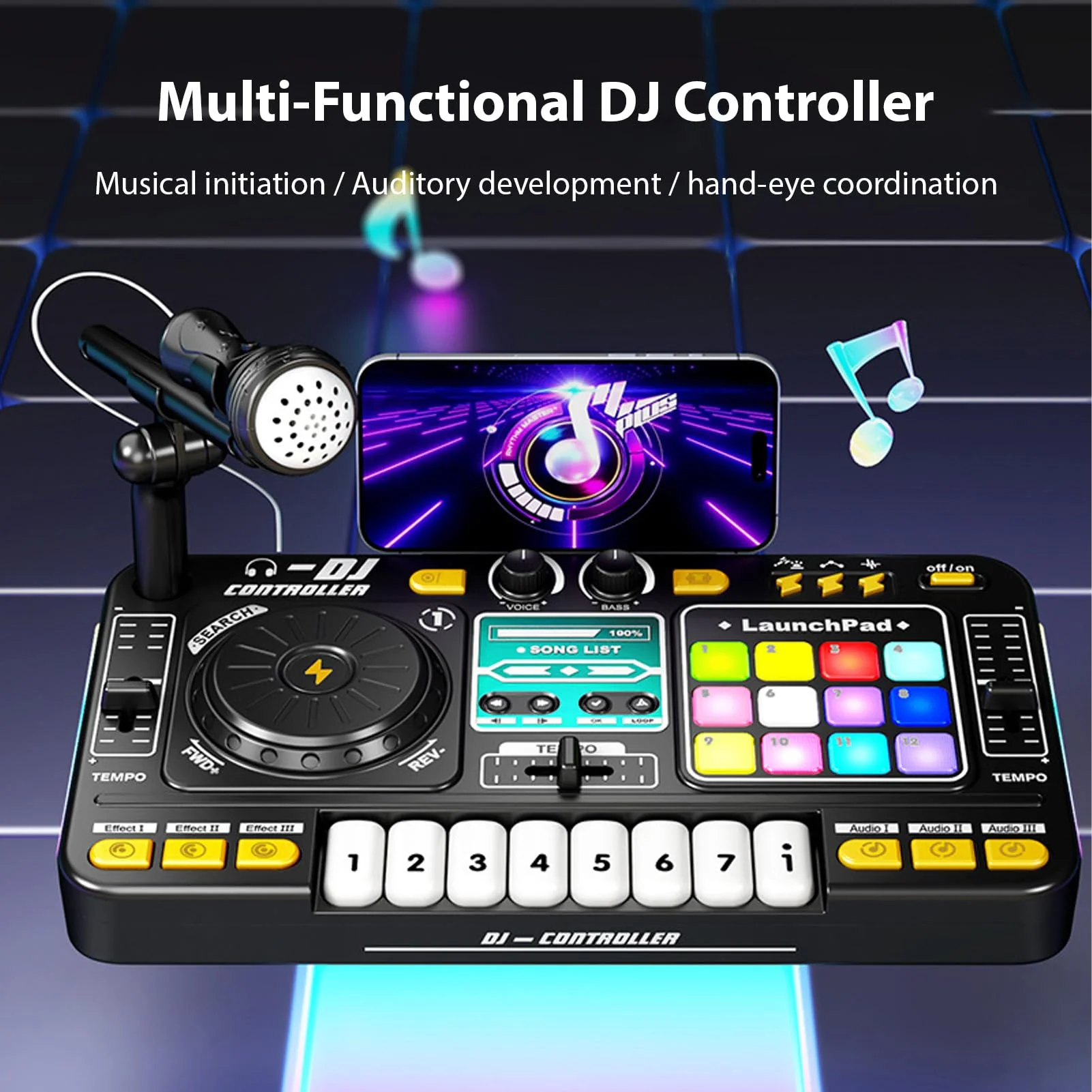 Kids DJ Controller DJ Mixer Table DJ Equipment with BT 5.0 Adjustable Microphone 8 Electronic Keyboard Buttons 3 Disc Sound Effects 12 MIDI Songs Light-Up Whack-A-Mole Game Black - Image 2