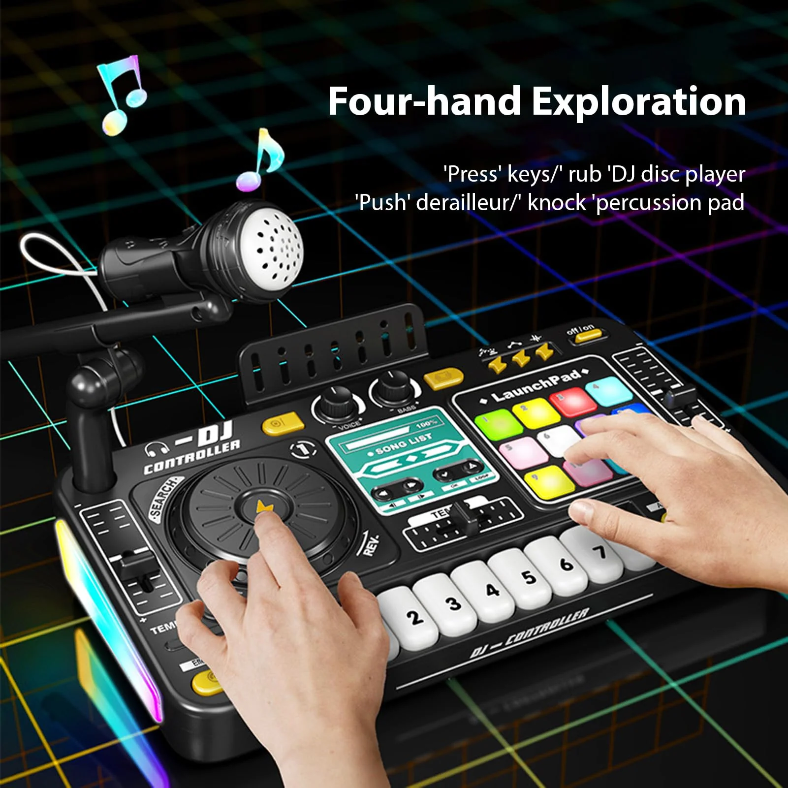 Kids DJ Controller DJ Mixer Table DJ Equipment with BT 5.0 Adjustable Microphone 8 Electronic Keyboard Buttons 3 Disc Sound Effects 12 MIDI Songs Light-Up Whack-A-Mole Game Black - Image 3