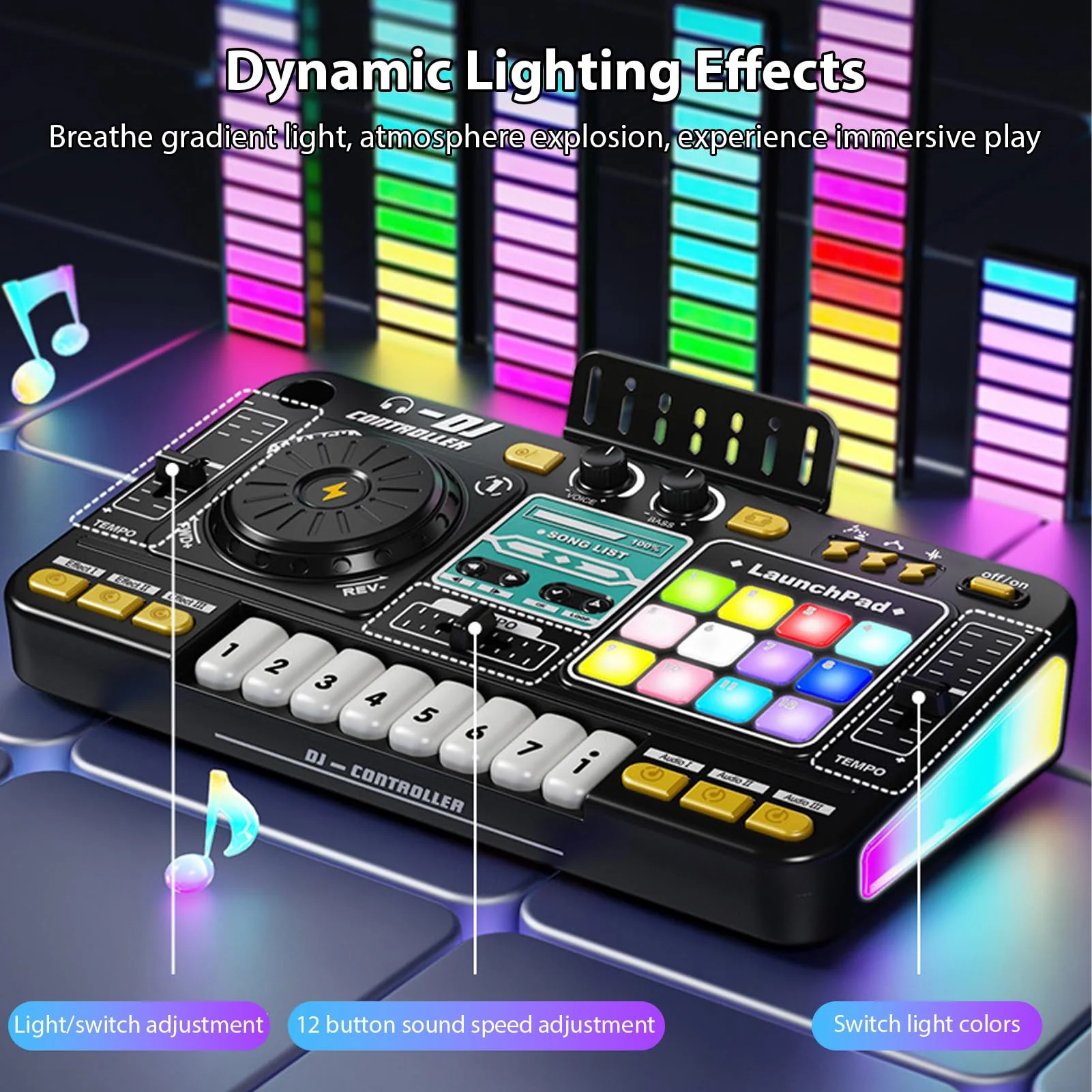 Kids DJ Controller DJ Mixer Table DJ Equipment with BT 5.0 Adjustable Microphone 8 Electronic Keyboard Buttons 3 Disc Sound Effects 12 MIDI Songs Light-Up Whack-A-Mole Game Black - Image 5