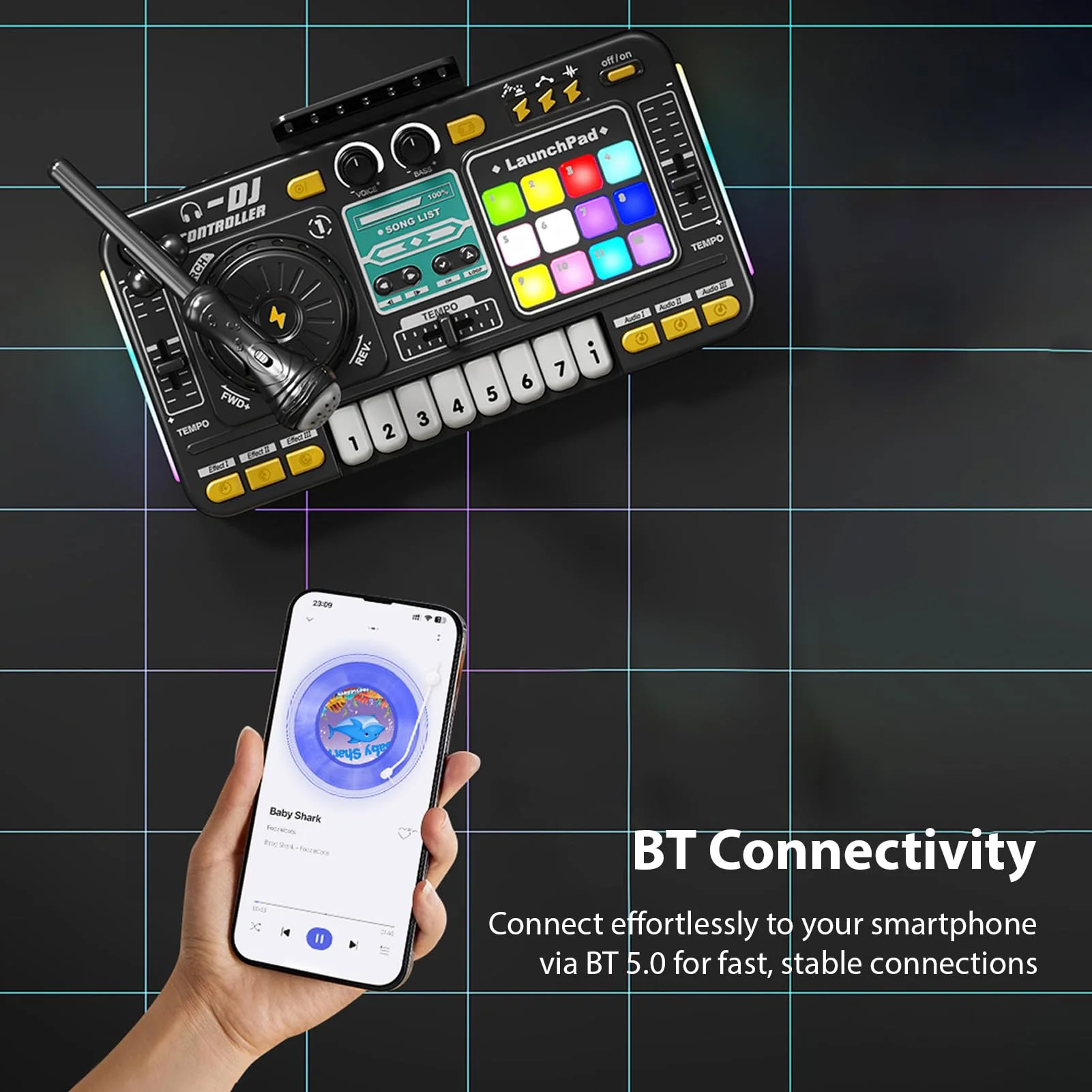 Kids DJ Controller DJ Mixer Table DJ Equipment with BT 5.0 Adjustable Microphone 8 Electronic Keyboard Buttons 3 Disc Sound Effects 12 MIDI Songs Light-Up Whack-A-Mole Game Black - Image 6