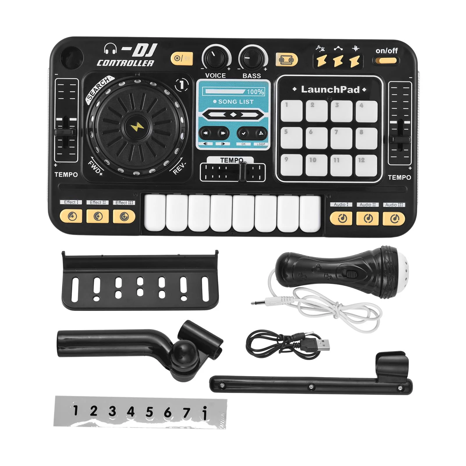 Kids DJ Controller DJ Mixer Table DJ Equipment with BT 5.0 Adjustable Microphone 8 Electronic Keyboard Buttons 3 Disc Sound Effects 12 MIDI Songs Light-Up Whack-A-Mole Game Black - Image 8