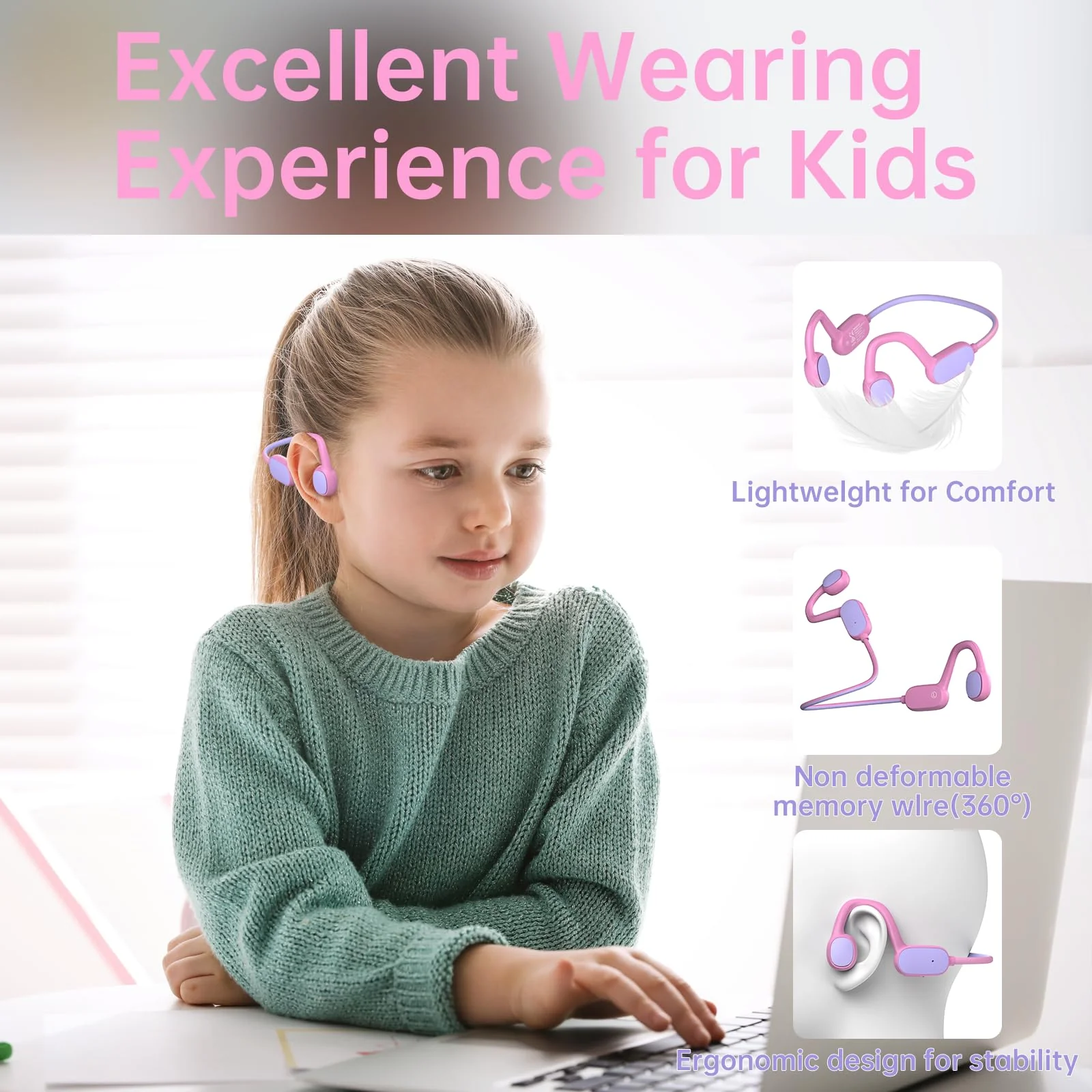 Kids Headphones, Bluetooth 5.2 Air Conduction Open Ear Headphones, 85dB Volume Limiting, Stereo Sound with Mic, IPX5 Waterproof, 20H Playtime, Perfect for School and Outdoor-Pink PinK - Image 3
