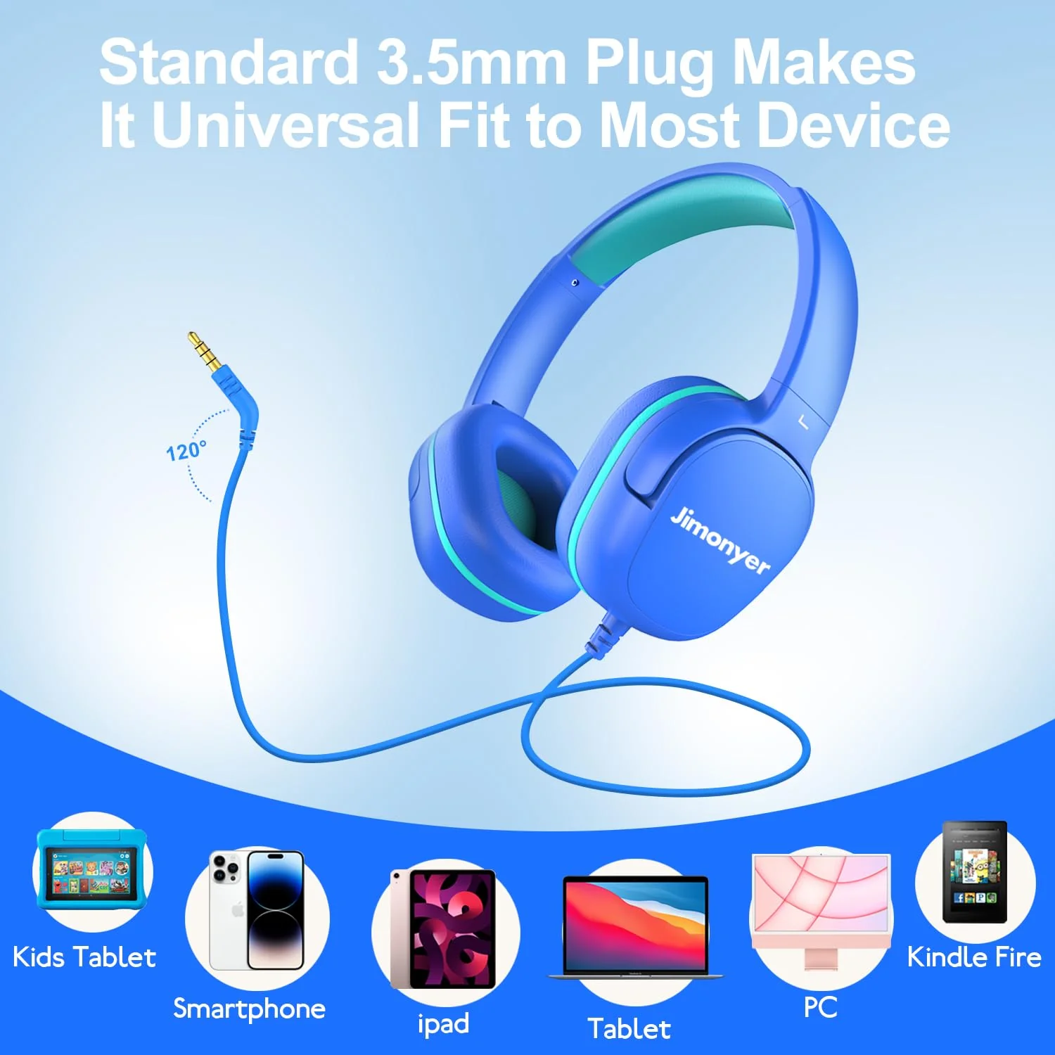 Kids Headphones for School, 3.5mm Jack Wired Headphones for Kids with Safe Volume Limiter, HD Stereo Sound On-Ear Girls Boys Toddler Headphones for Tablet, iPad, Kindle(Blue) Blue - Image 7