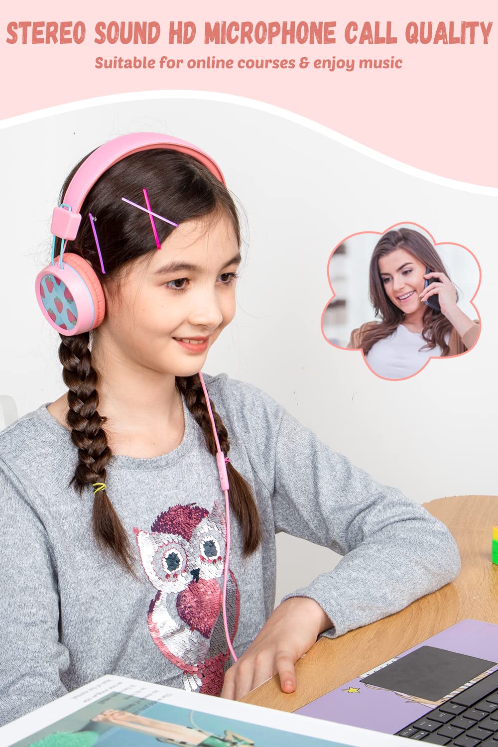 Kids Headphones for School with Microphone New bee KH20 HD Stereo Safe Volume Limited 85dB/94dB Foldable Lightweight On-Ear Headphone for PC/Mac/Android/Kindle/Tablet/Pad (Pink) Pink - Image 2