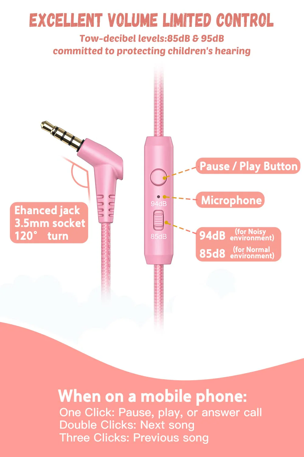 Kids Headphones for School with Microphone New bee KH20 HD Stereo Safe Volume Limited 85dB/94dB Foldable Lightweight On-Ear Headphone for PC/Mac/Android/Kindle/Tablet/Pad (Pink) Pink - Image 3