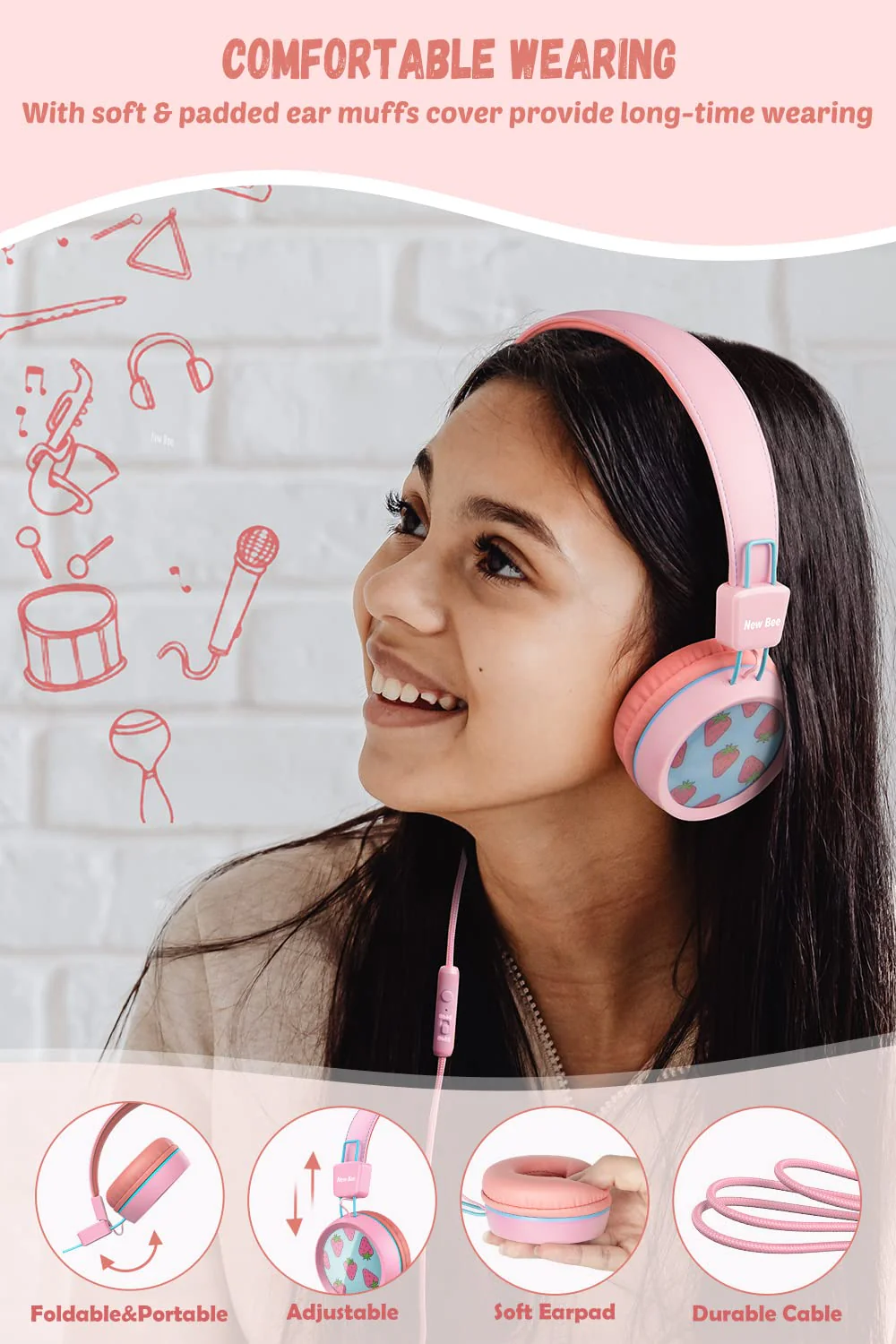 Kids Headphones for School with Microphone New bee KH20 HD Stereo Safe Volume Limited 85dB/94dB Foldable Lightweight On-Ear Headphone for PC/Mac/Android/Kindle/Tablet/Pad (Pink) Pink - Image 4
