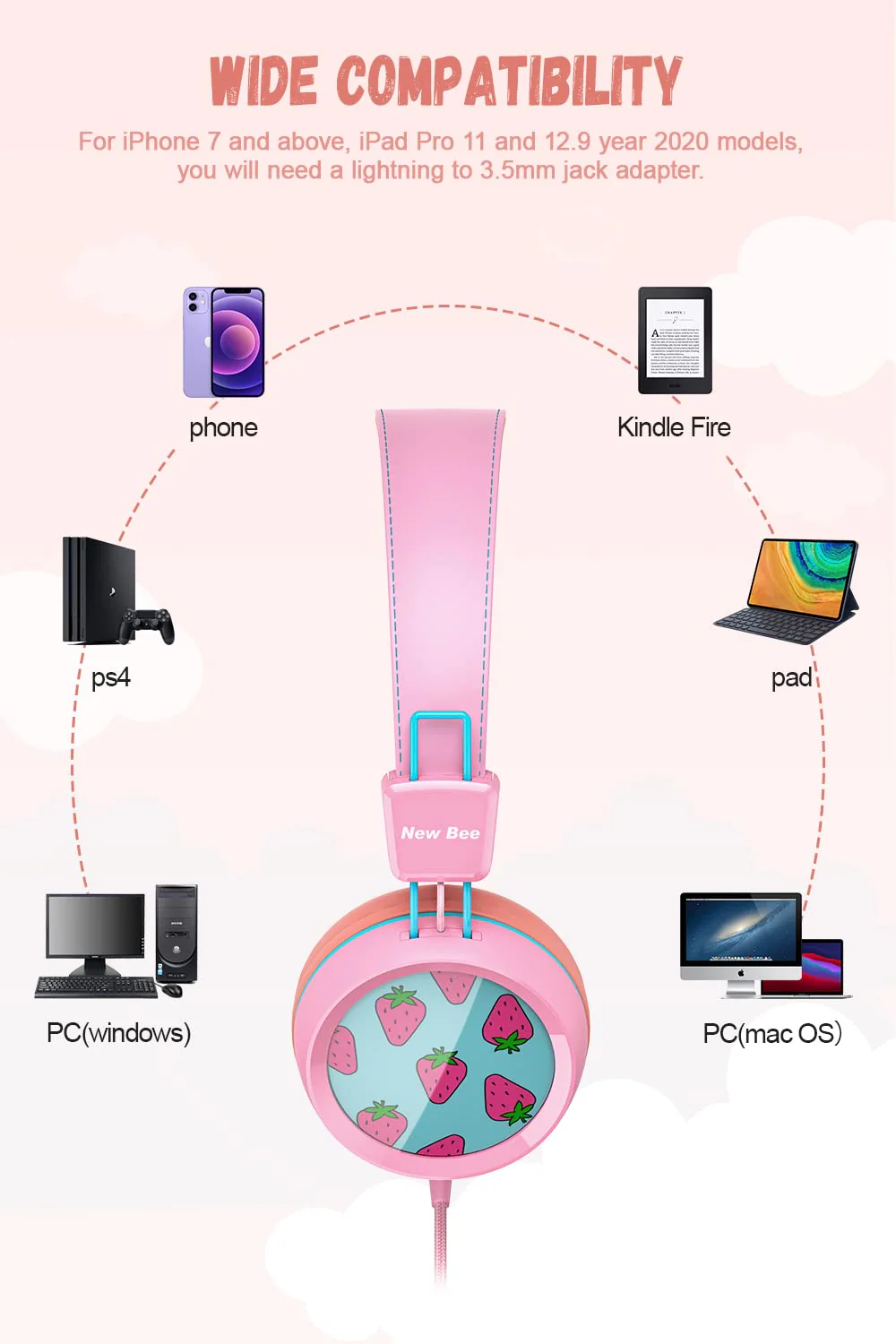 Kids Headphones for School with Microphone New bee KH20 HD Stereo Safe Volume Limited 85dB/94dB Foldable Lightweight On-Ear Headphone for PC/Mac/Android/Kindle/Tablet/Pad (Pink) Pink - Image 5