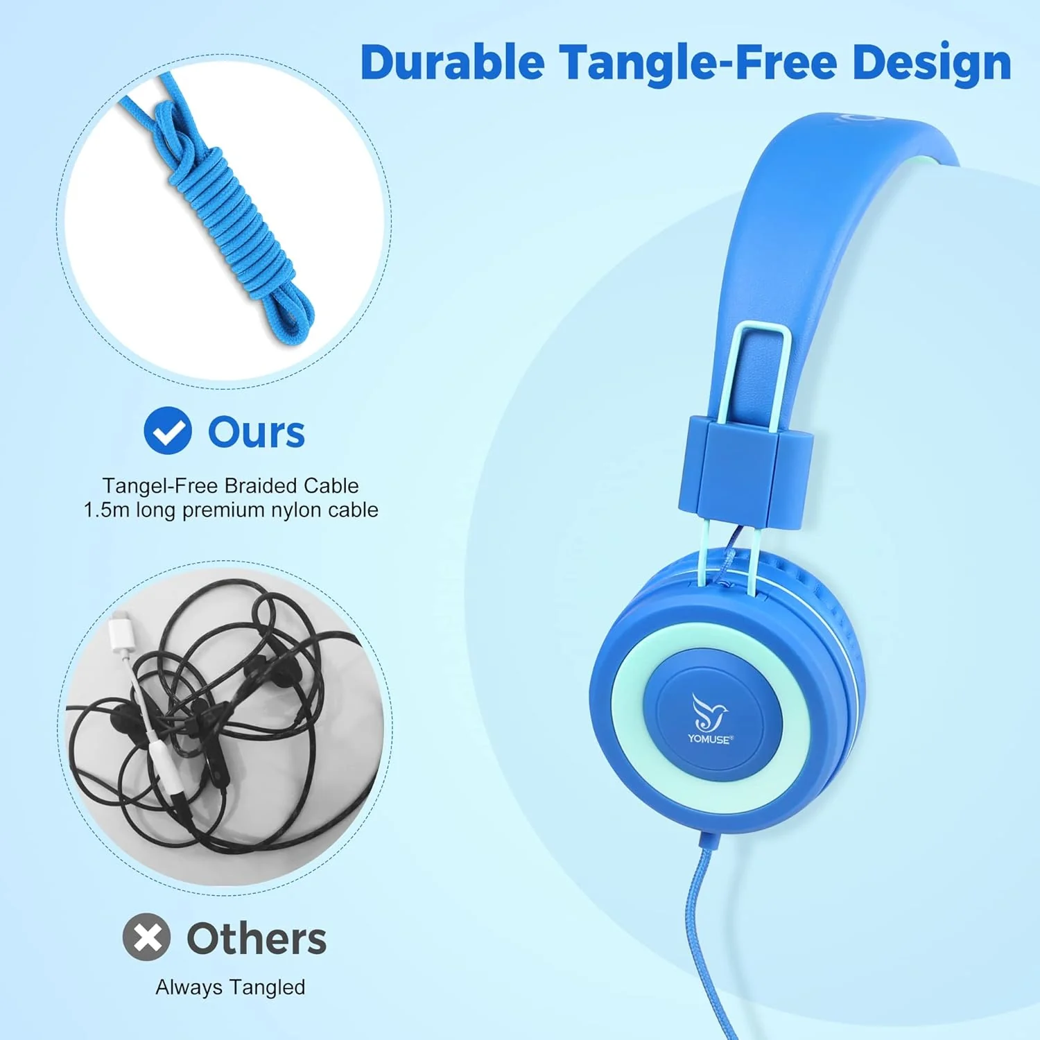 Kids Headphones - noot products K11 Foldable Stereo Tangle-Free 3.5mm Jack Wired Cord On-Ear Headset for Children/Teens/Boys/Girls/Smartphones/School/Kindle/Airplane Travel/Plane/Tablet (Navy/Teal) Navy/Teal - Image 2