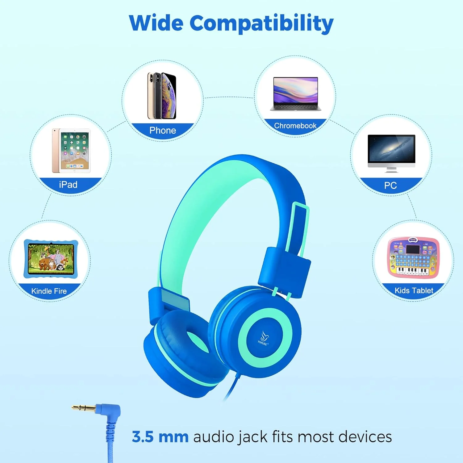 Kids Headphones - noot products K11 Foldable Stereo Tangle-Free 3.5mm Jack Wired Cord On-Ear Headset for Children/Teens/Boys/Girls/Smartphones/School/Kindle/Airplane Travel/Plane/Tablet (Navy/Teal) Navy/Teal - Image 4