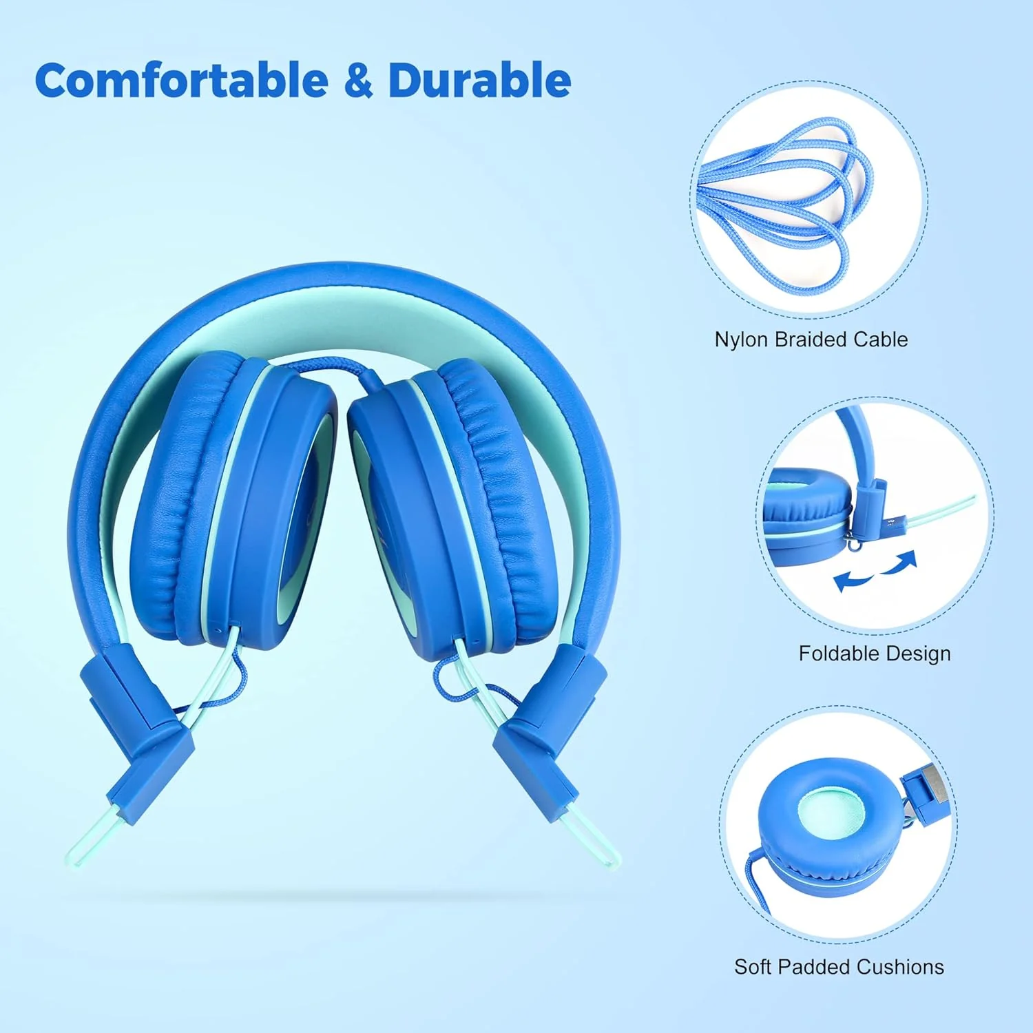 Kids Headphones - noot products K11 Foldable Stereo Tangle-Free 3.5mm Jack Wired Cord On-Ear Headset for Children/Teens/Boys/Girls/Smartphones/School/Kindle/Airplane Travel/Plane/Tablet (Navy/Teal) Navy/Teal - Image 5