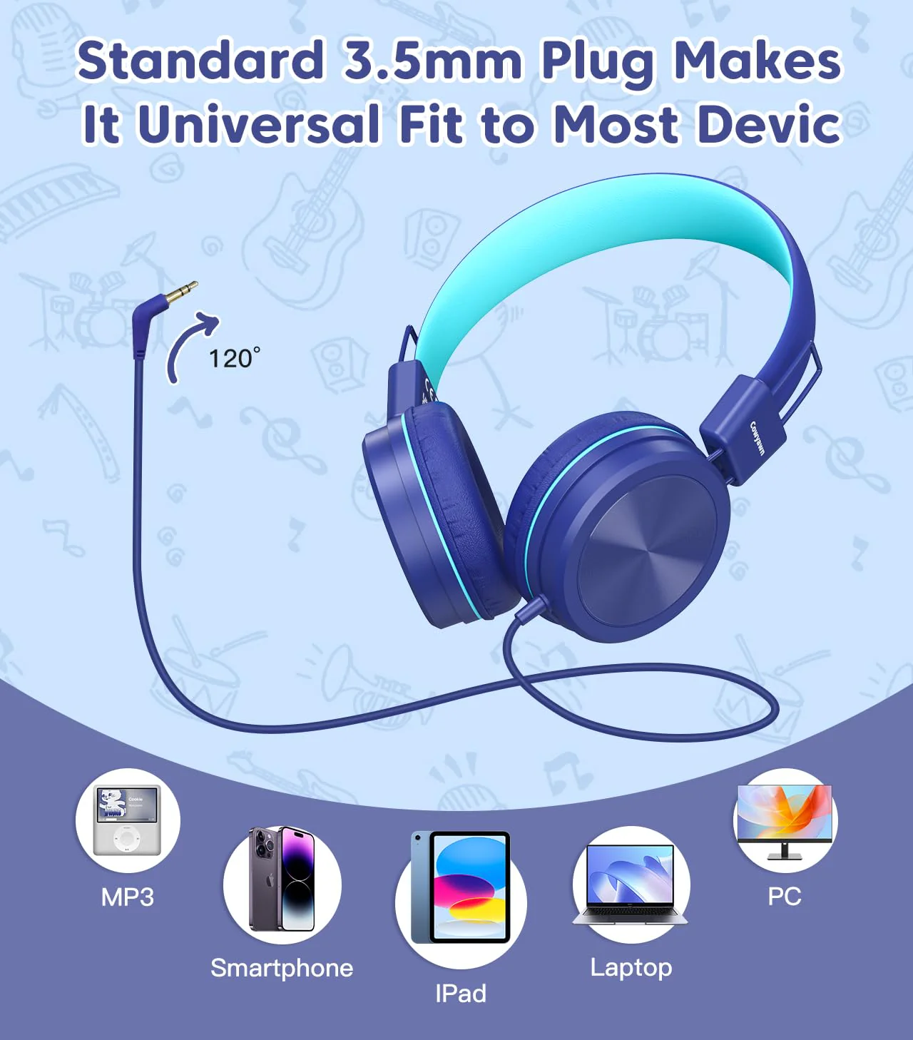 Kids Headphones, Toddler Headphones with Safe Volume Limiter 94dB, Wired School Headphones for Kid, 3.5mm Adjustable On-Ear Headphones for Boys/Girls/Children/Teens/iPad/Computer, Dark Blue Plug 3.5mm - Image 6