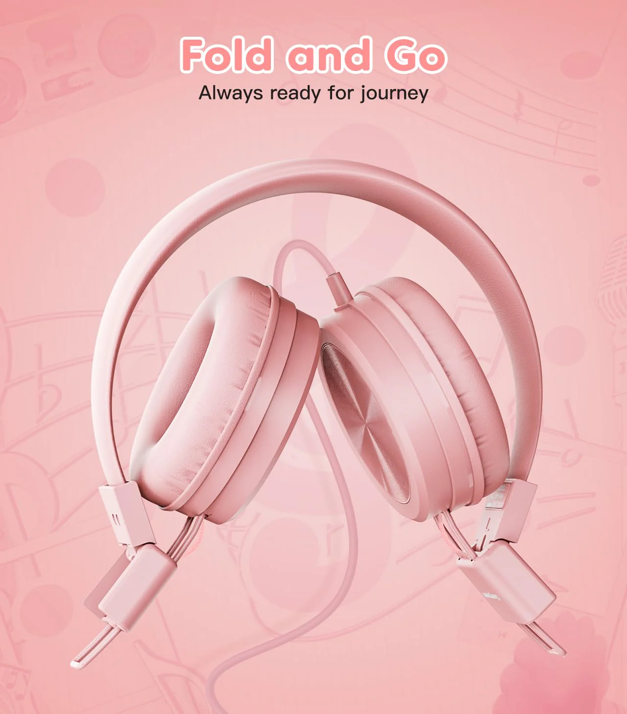 Kids Headphones, Toddler Headphones with Safe Volume Limiter 94dB, Wired School Headphones for Kid, 3.5mm Adjustable On-Ear Headphones for Boys/Girls/Children/Teens/iPad/Computer, Light Pink Plug 3.5mm - Image 3