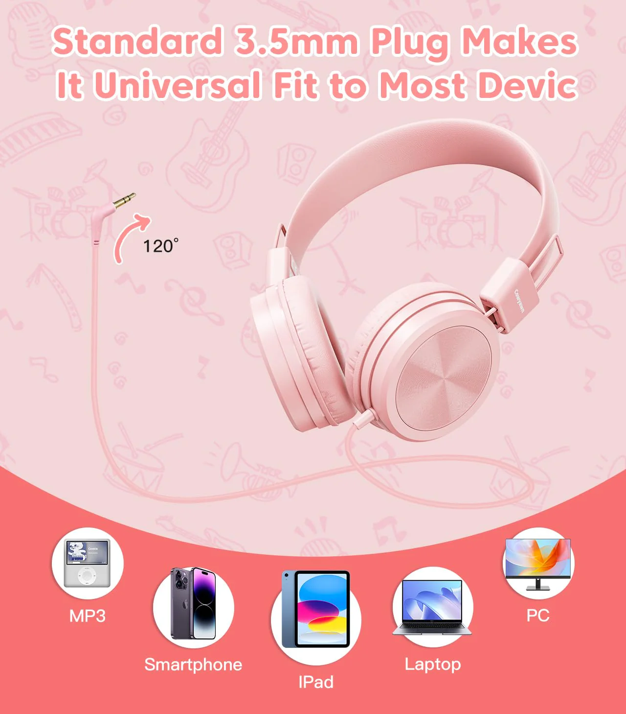Kids Headphones, Toddler Headphones with Safe Volume Limiter 94dB, Wired School Headphones for Kid, 3.5mm Adjustable On-Ear Headphones for Boys/Girls/Children/Teens/iPad/Computer, Light Pink Plug 3.5mm - Image 6